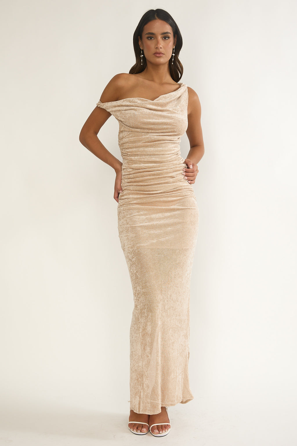 Callen Cowl Ruched Maxi Dress Champagne Silver by Selfie Leslie Australia