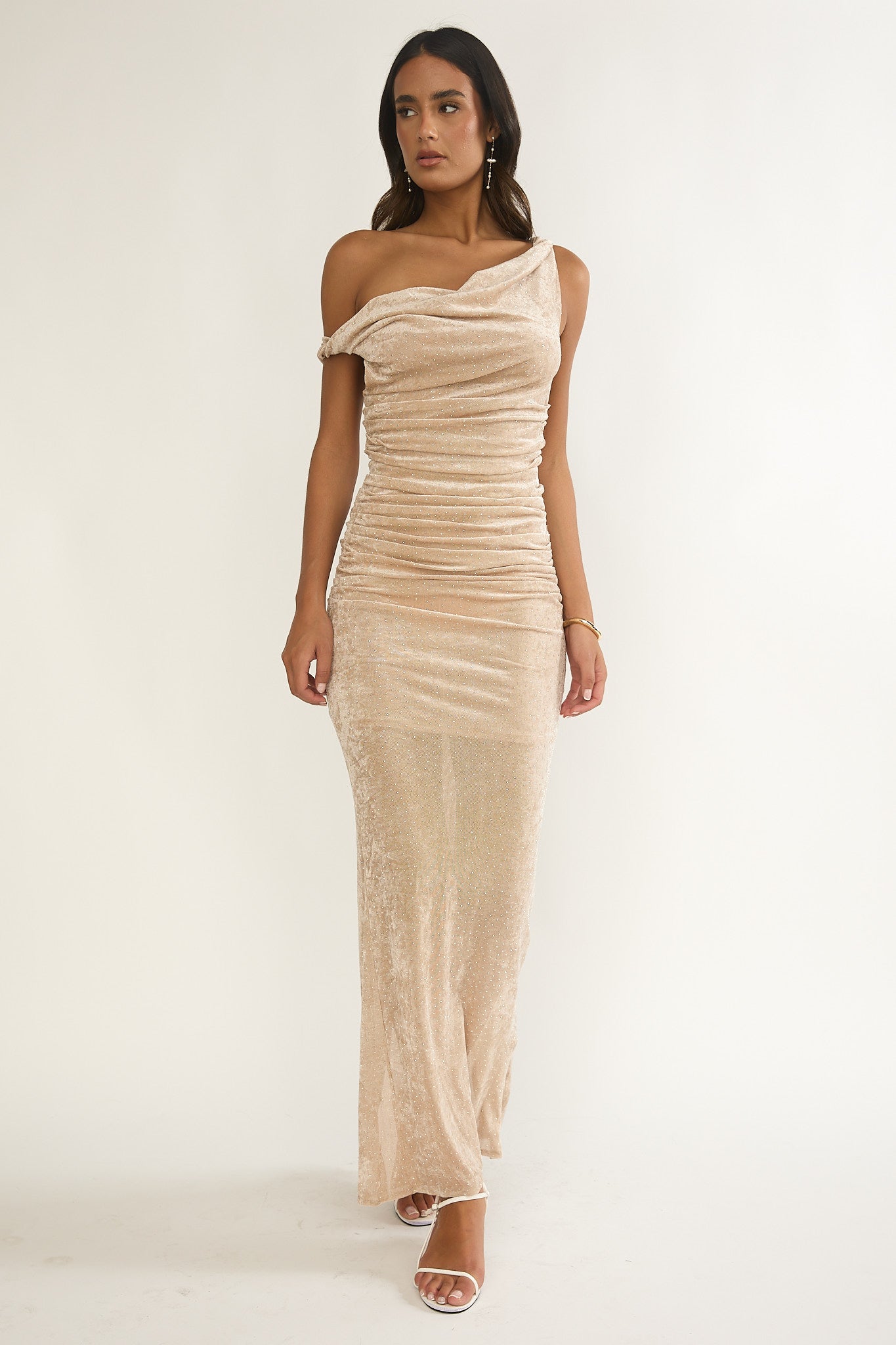 Callen Cowl Ruched Maxi Dress Champagne Silver by Selfie Leslie Australia