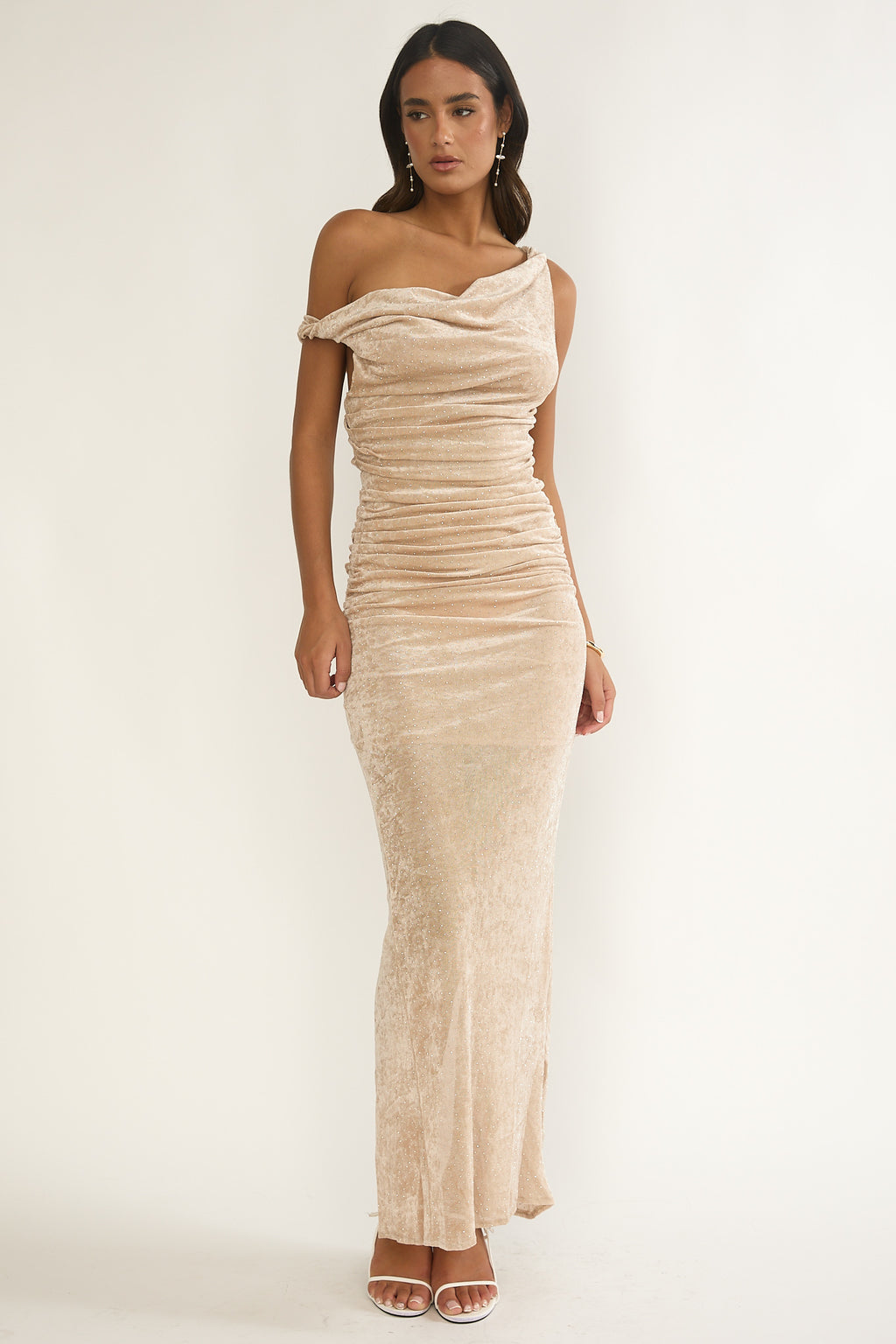 Callen Cowl Ruched Maxi Dress Champagne Silver by Selfie Leslie Australia
