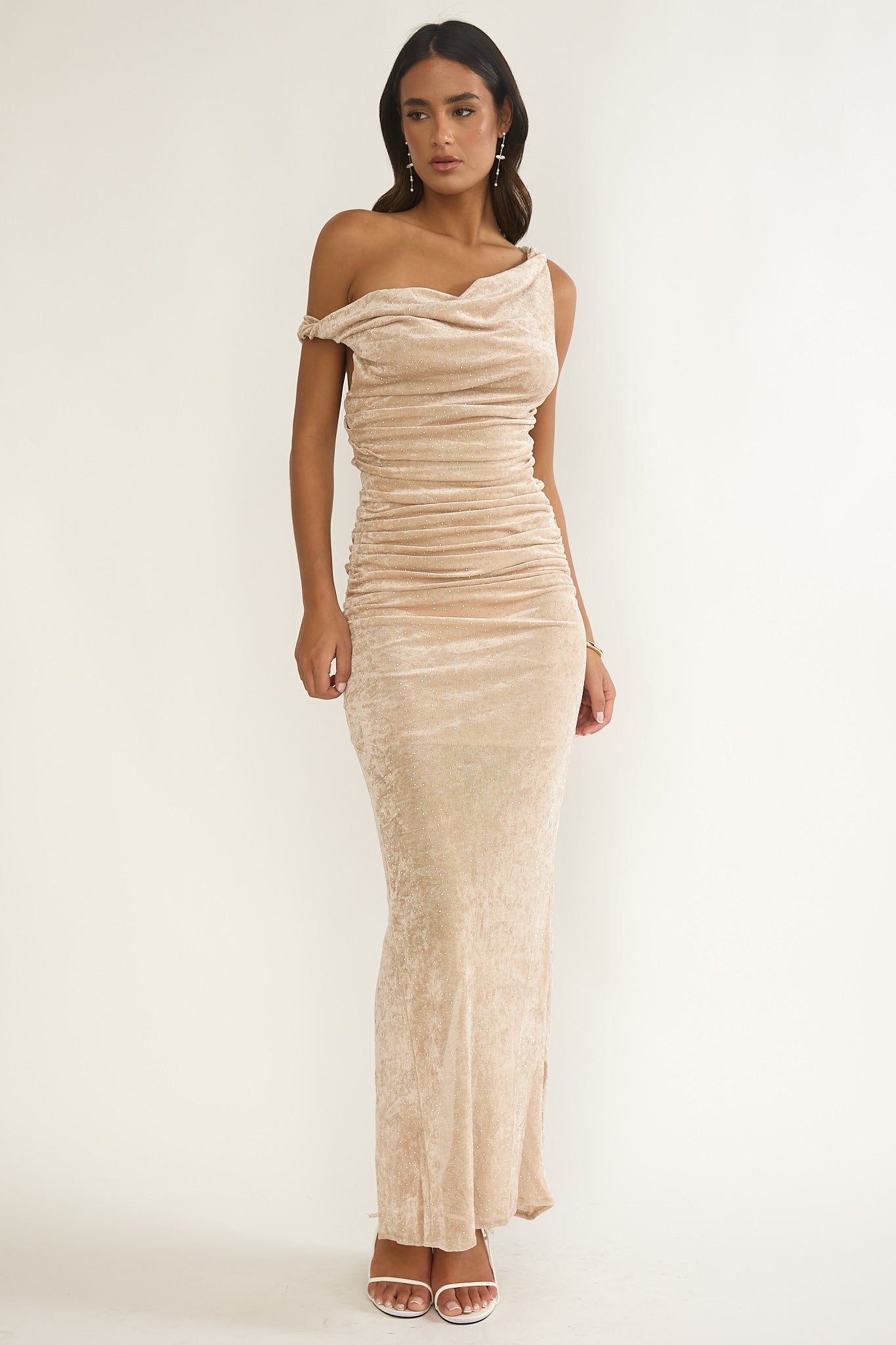 Callen Cowl Ruched Maxi Dress Champagne Silver by Selfie Leslie Australia