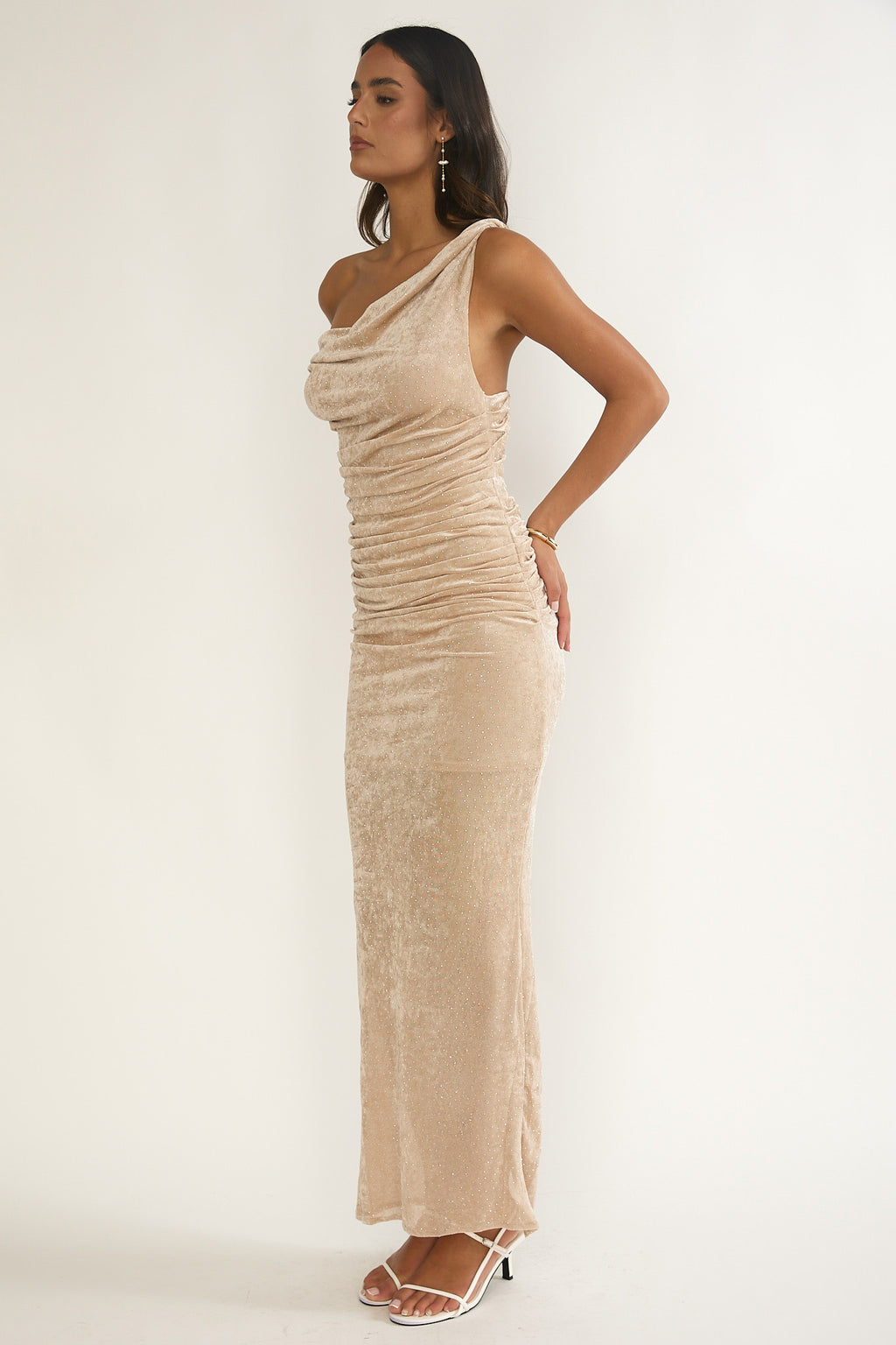 Callen Cowl Ruched Maxi Dress Champagne Silver by Selfie Leslie Australia