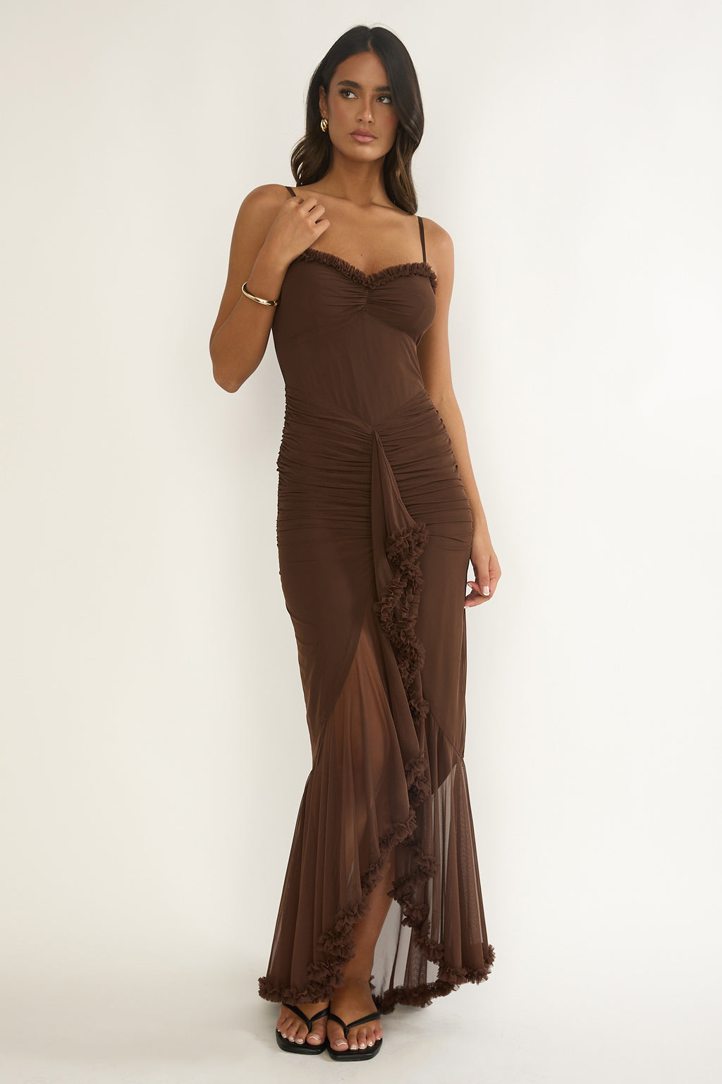 Noelia Gathered Waist Frill Trim Maxi Dres Chocolate by Selfie Leslie Australia