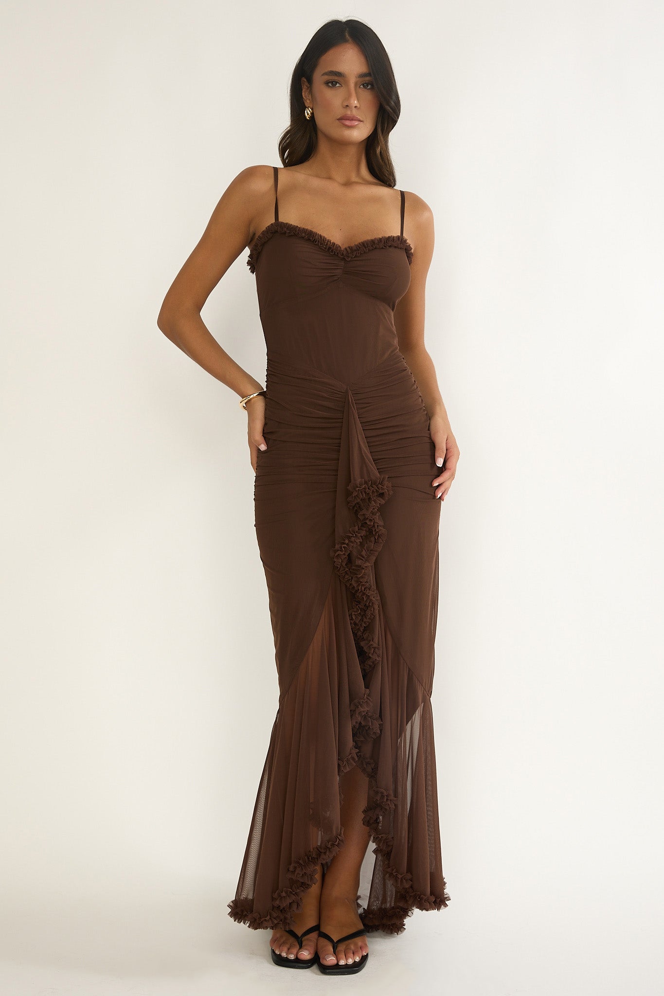 Noelia Gathered Waist Frill Trim Maxi Dres Chocolate by Selfie Leslie Australia
