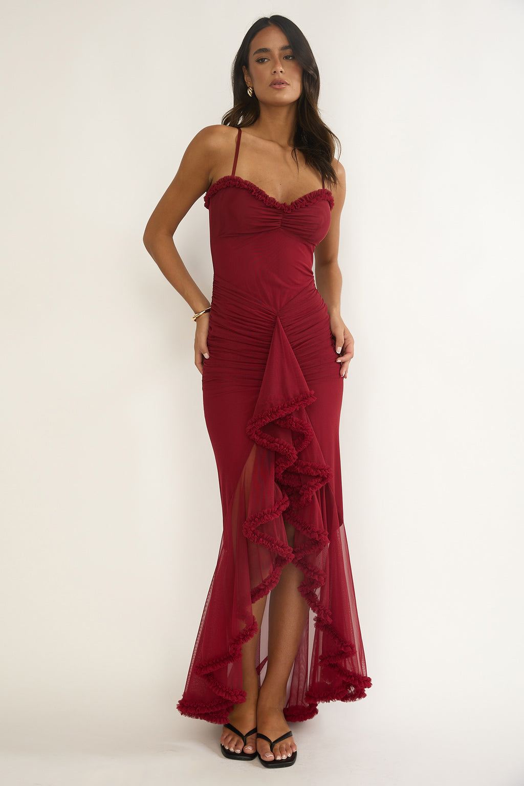 Noelia Gathered Waist Frill Trim Maxi Dres Wine by Selfie Leslie Australia