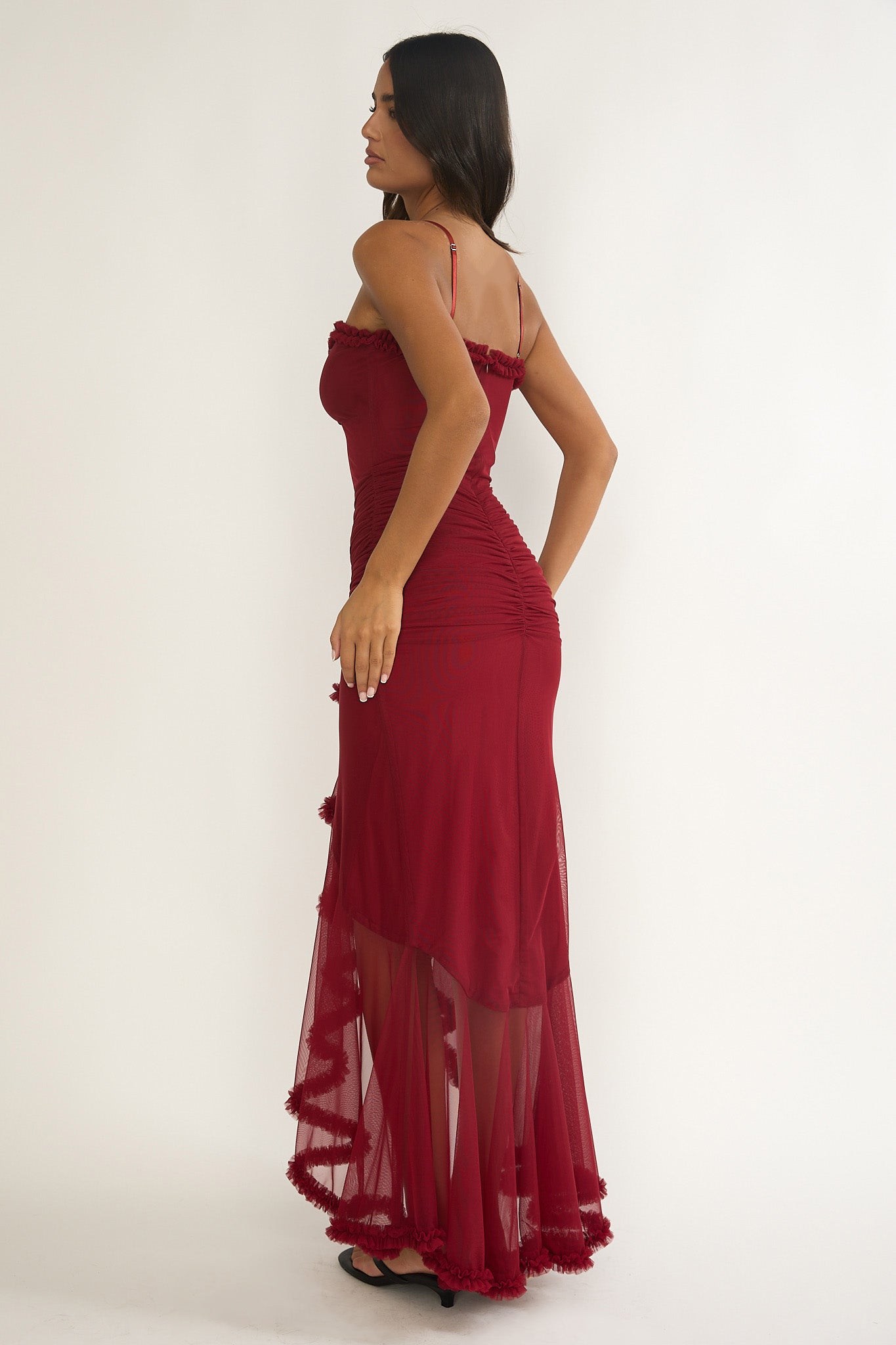 Noelia Gathered Waist Frill Trim Maxi Dres Wine by Selfie Leslie Australia