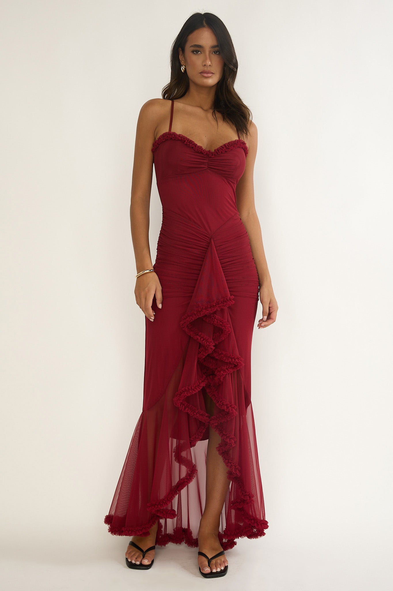 Noelia Gathered Waist Frill Trim Maxi Dres Wine by Selfie Leslie Australia