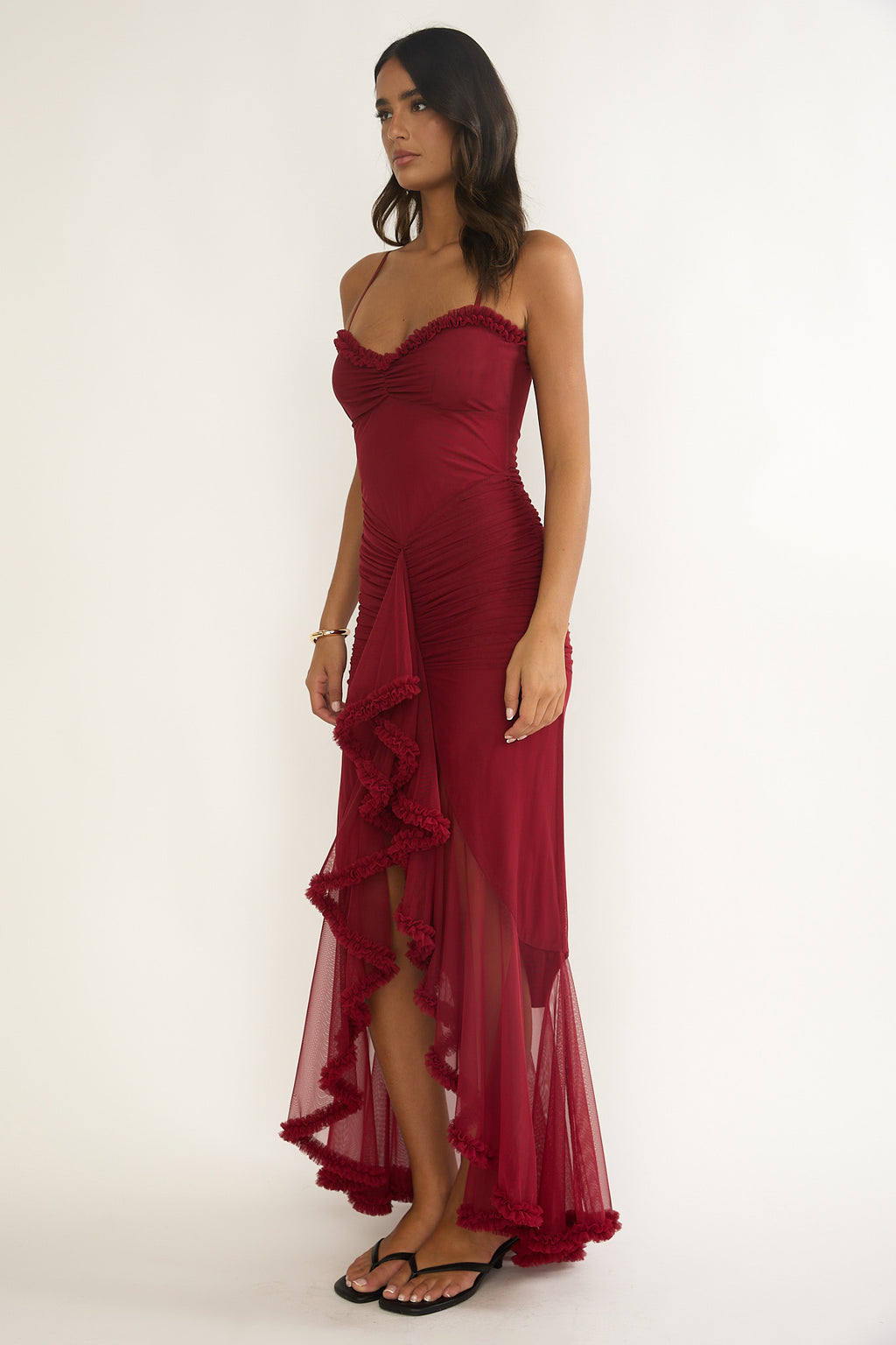 Noelia Gathered Waist Frill Trim Maxi Dres Wine by Selfie Leslie Australia