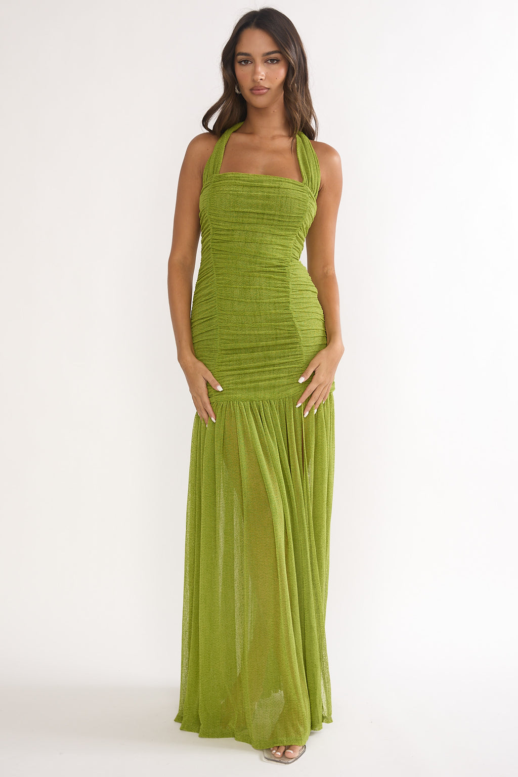 Galinda Ruched Bodice Halterneck Maxi Dress Olive by Selfie Leslie Australia
