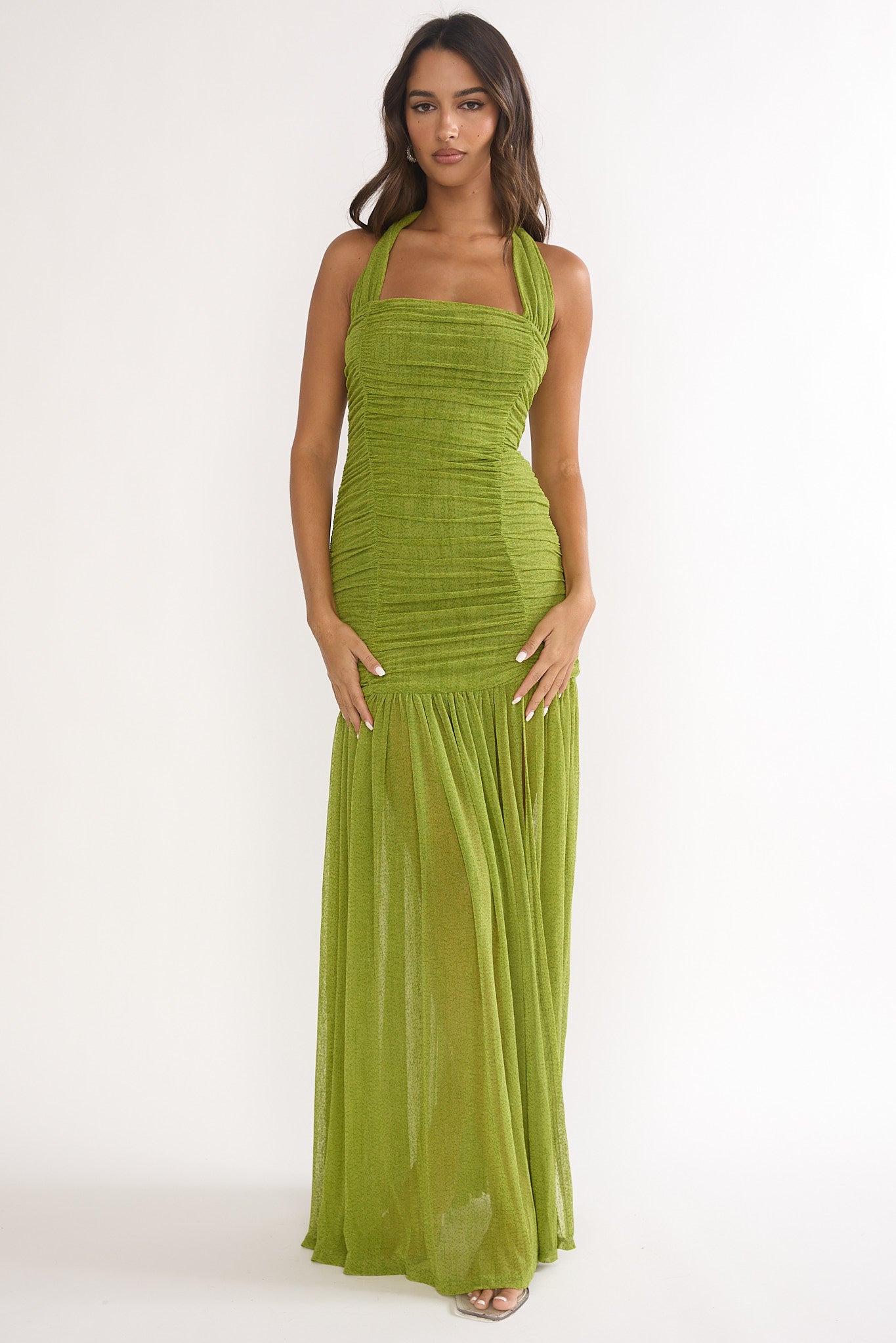 Galinda Ruched Bodice Halterneck Maxi Dress Olive by Selfie Leslie Australia