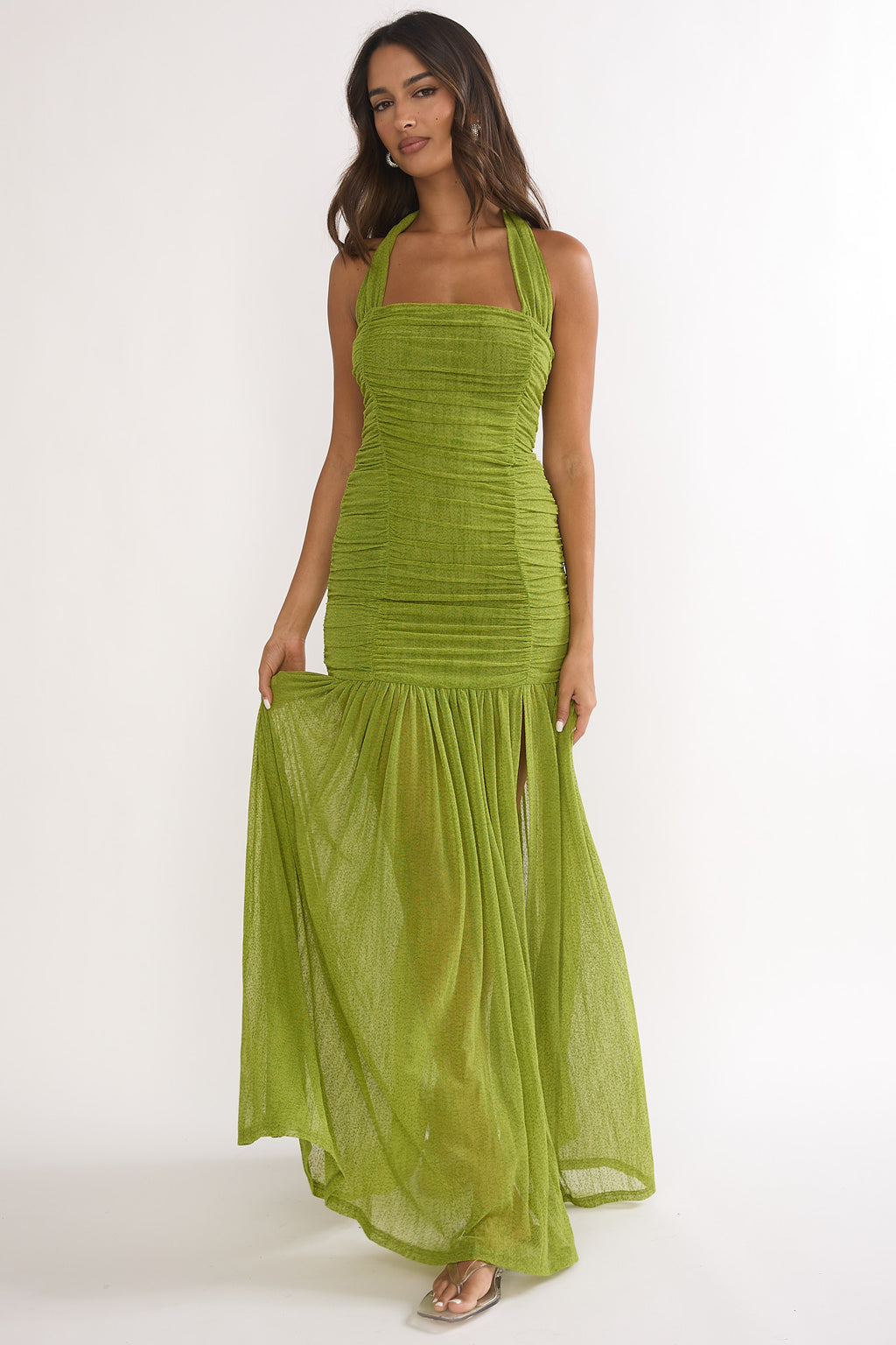 Galinda Ruched Bodice Halterneck Maxi Dress Olive by Selfie Leslie Australia
