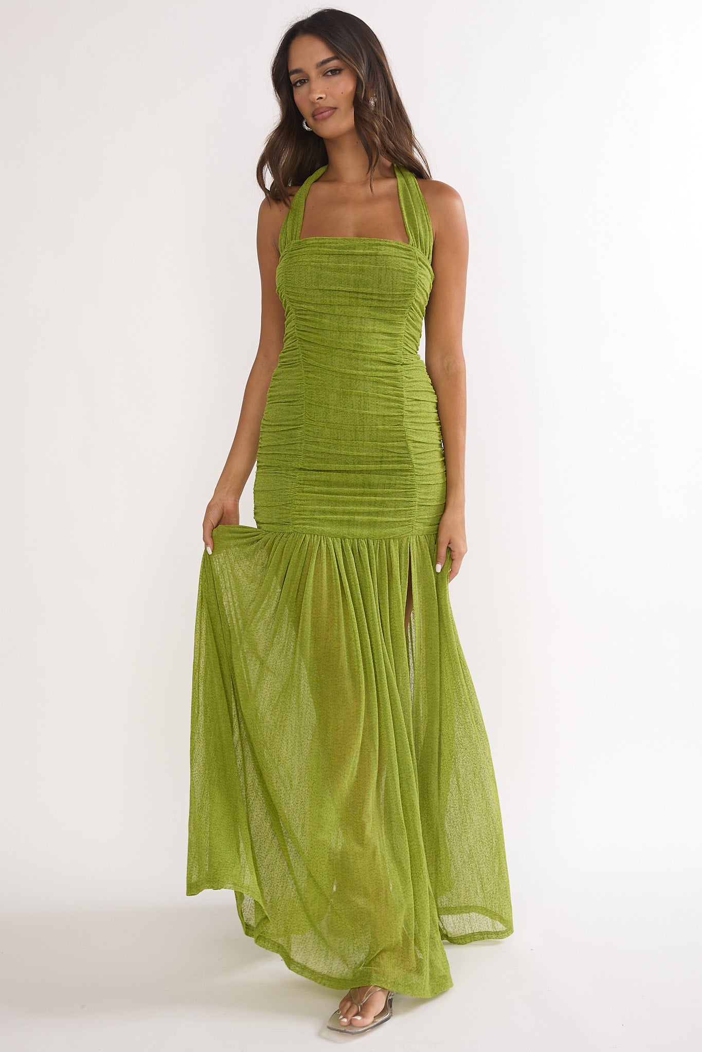 Galinda Ruched Bodice Halterneck Maxi Dress Olive by Selfie Leslie Australia