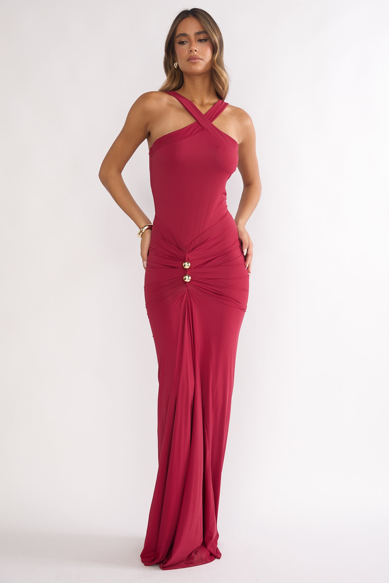 Delaina Ruched Waist Gold Accent Maxi Dress Wine by Selfie Leslie Australia