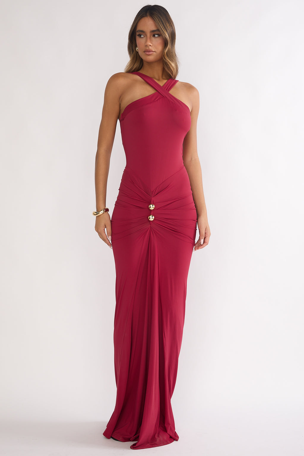 Delaina Ruched Waist Gold Accent Maxi Dress Wine by Selfie Leslie Australia