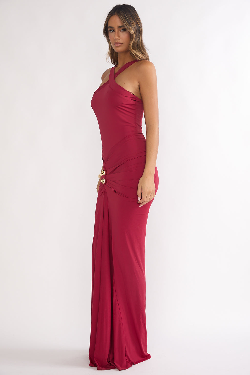 Delaina Ruched Waist Gold Accent Maxi Dress Wine by Selfie Leslie Australia