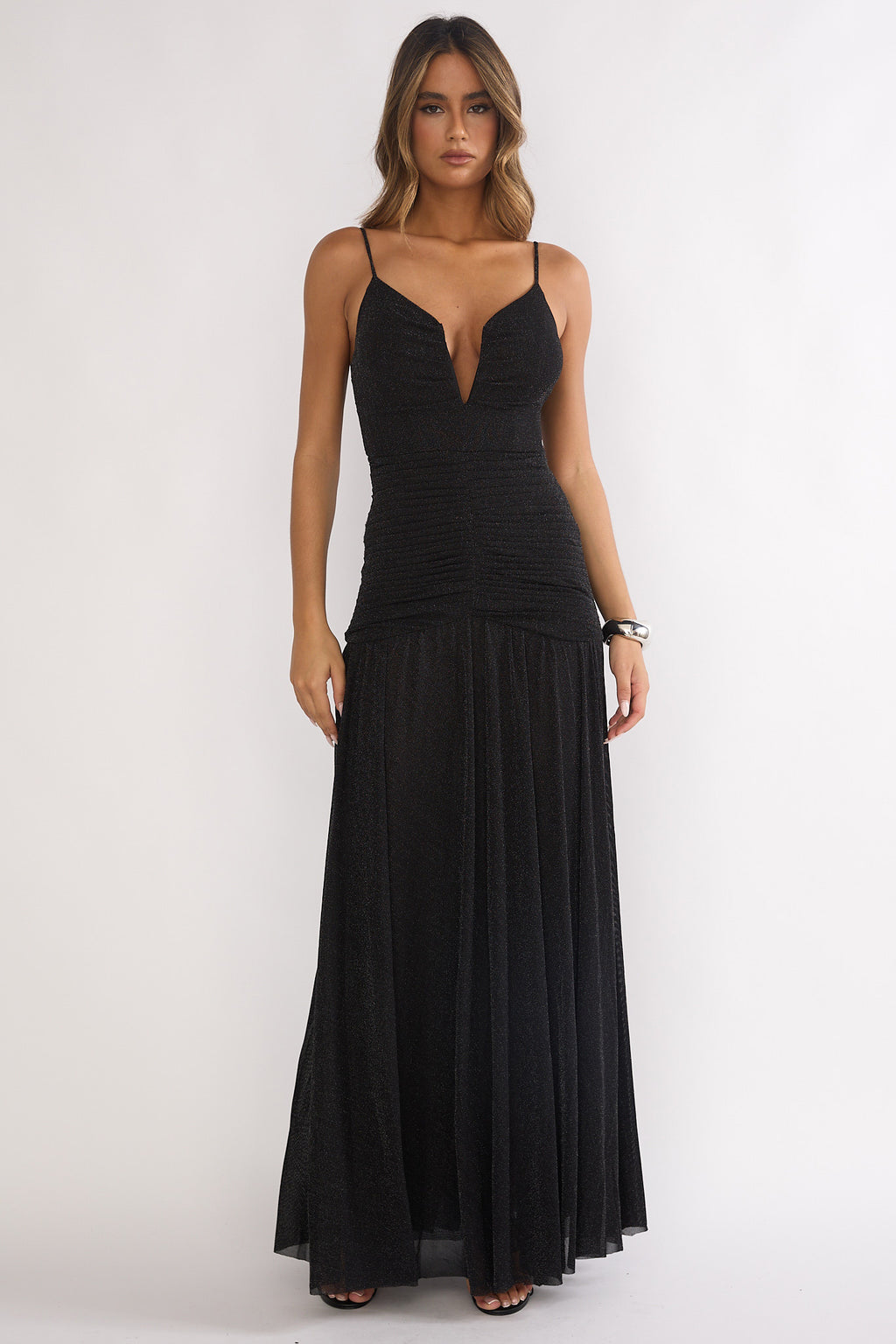 Orizel Pintuck Drop Waist Maxi Dress Sparkle Black by Selfie Leslie Australia