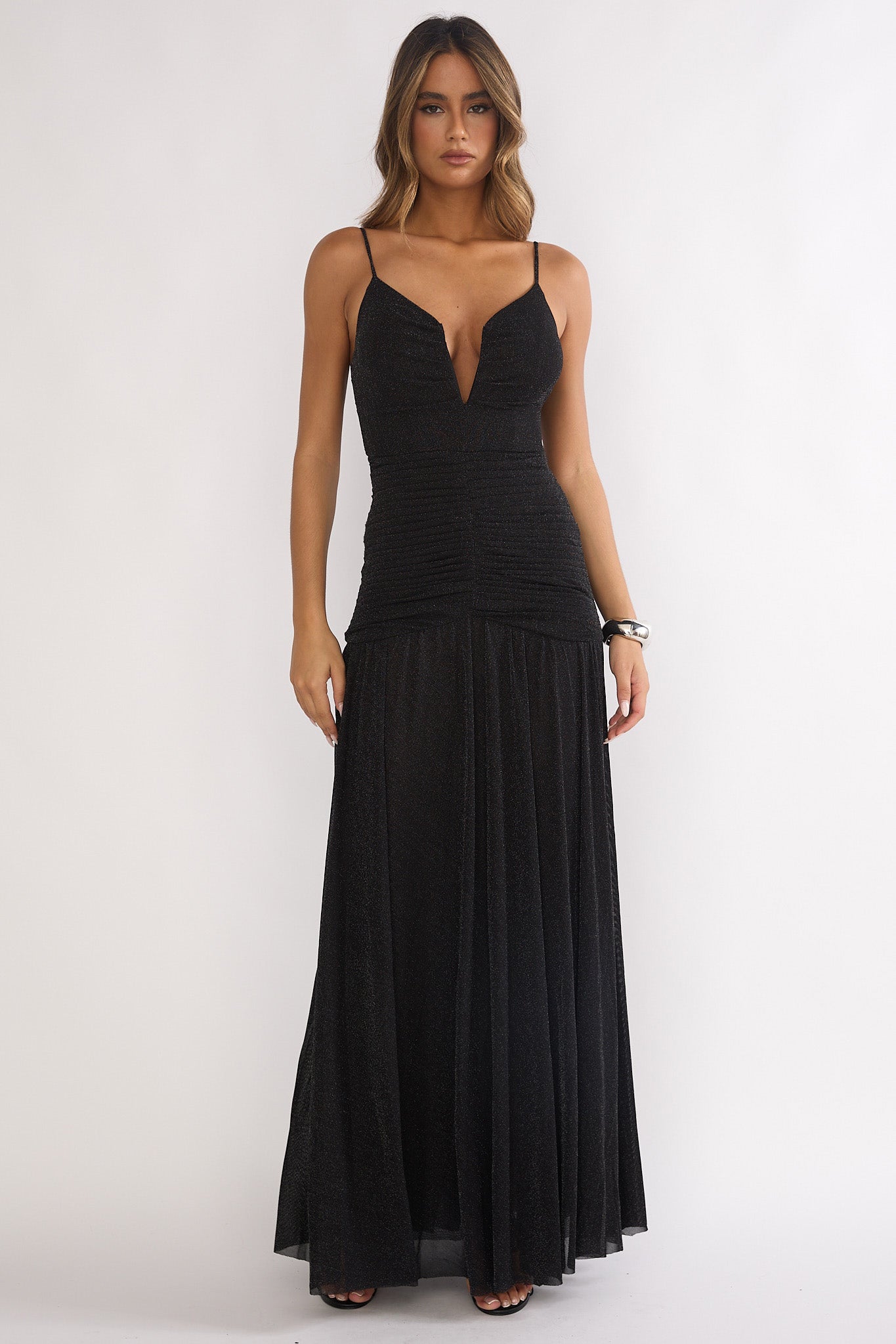 Orizel Pintuck Drop Waist Maxi Dress Sparkle Black by Selfie Leslie Australia