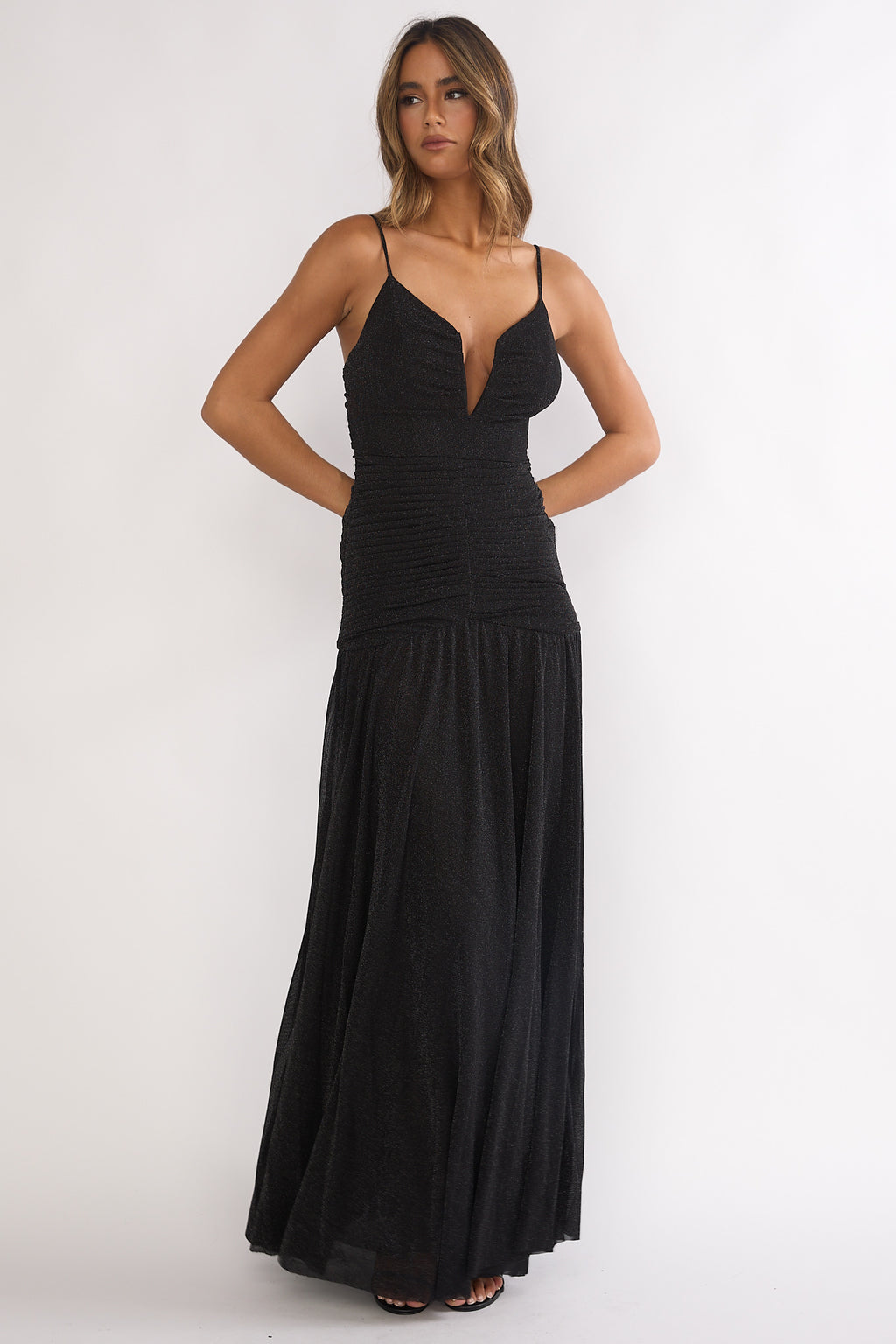 Orizel Pintuck Drop Waist Maxi Dress Sparkle Black by Selfie Leslie Australia