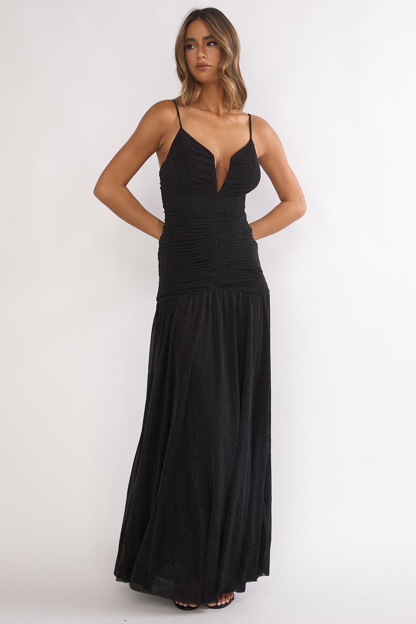 Orizel Pintuck Drop Waist Maxi Dress Sparkle Black by Selfie Leslie Australia