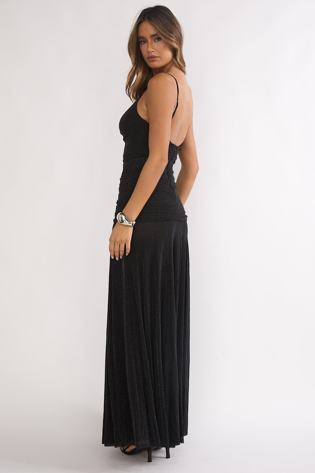 Orizel Pintuck Drop Waist Maxi Dress Sparkle Black by Selfie Leslie Australia