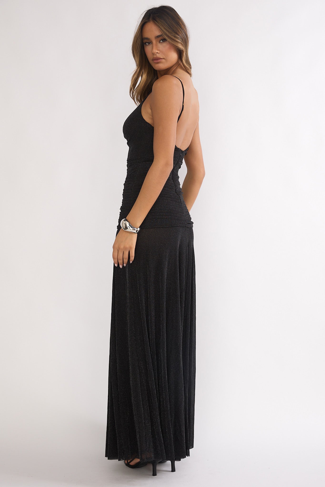 Orizel Pintuck Drop Waist Maxi Dress Sparkle Black by Selfie Leslie Australia