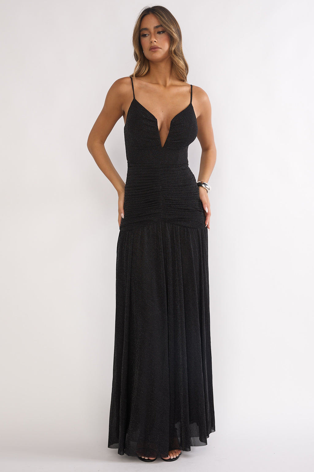 Orizel Pintuck Drop Waist Maxi Dress Sparkle Black by Selfie Leslie Australia