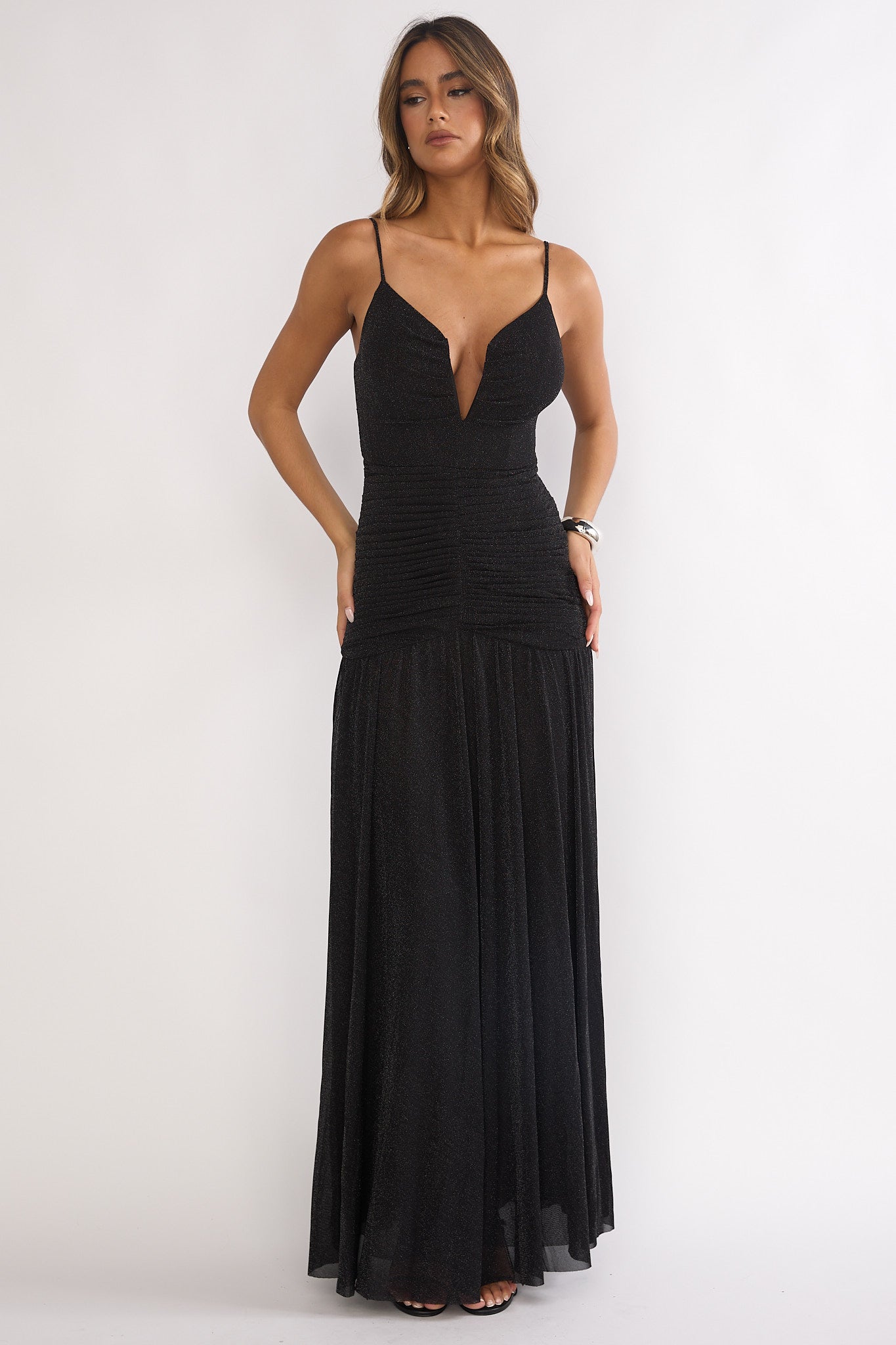 Orizel Pintuck Drop Waist Maxi Dress Sparkle Black by Selfie Leslie Australia