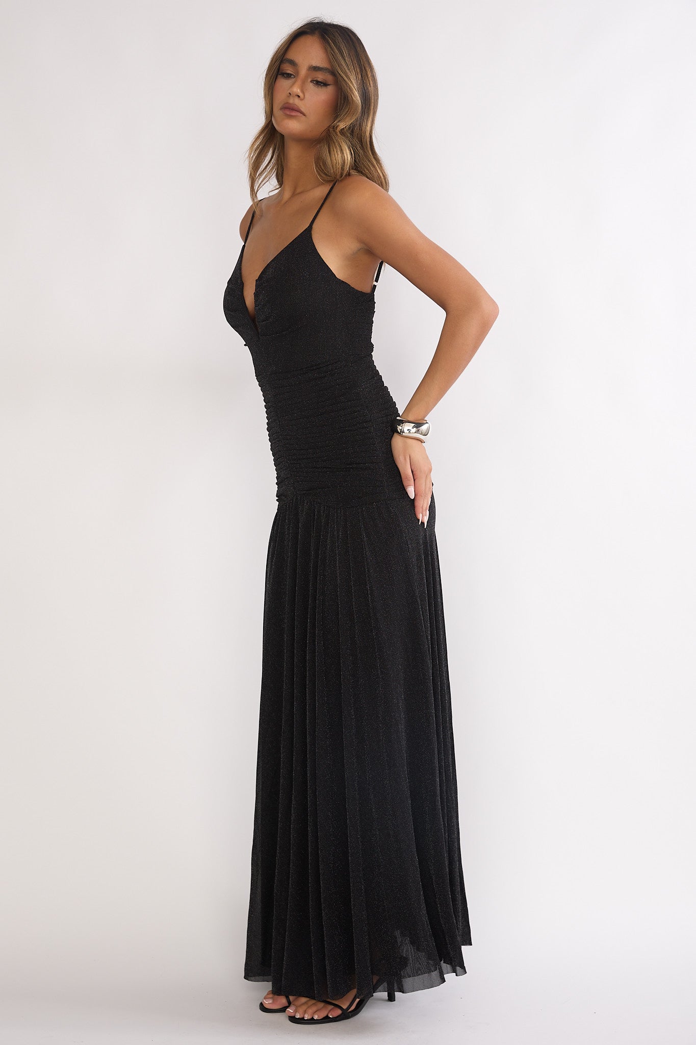Orizel Pintuck Drop Waist Maxi Dress Sparkle Black by Selfie Leslie Australia