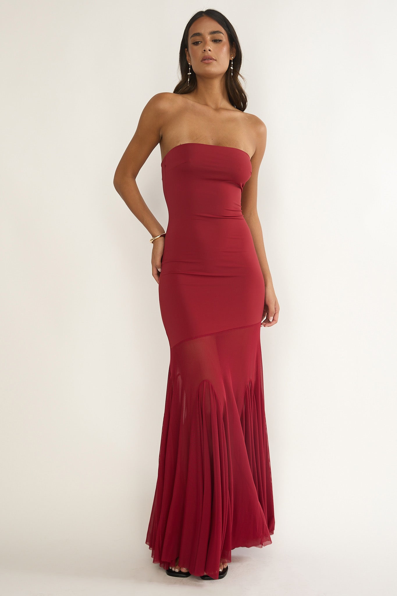 Velvet Rope Strapless Mesh Maxi Dress Wine by Selfie Leslie Australia