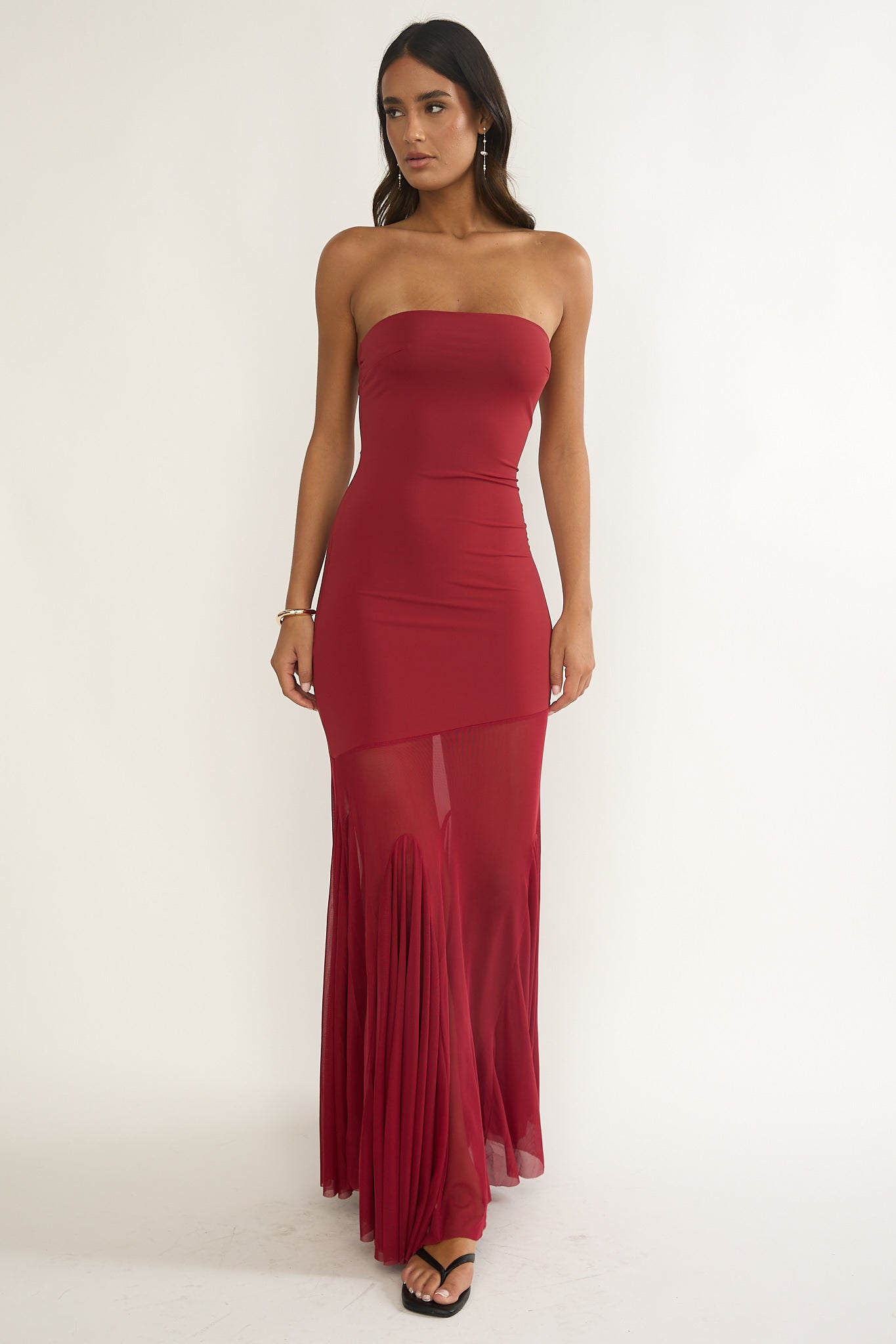 Velvet Rope Strapless Mesh Maxi Dress Wine by Selfie Leslie Australia