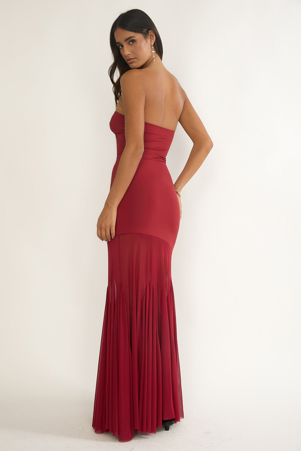 Velvet Rope Strapless Mesh Maxi Dress Wine by Selfie Leslie Australia