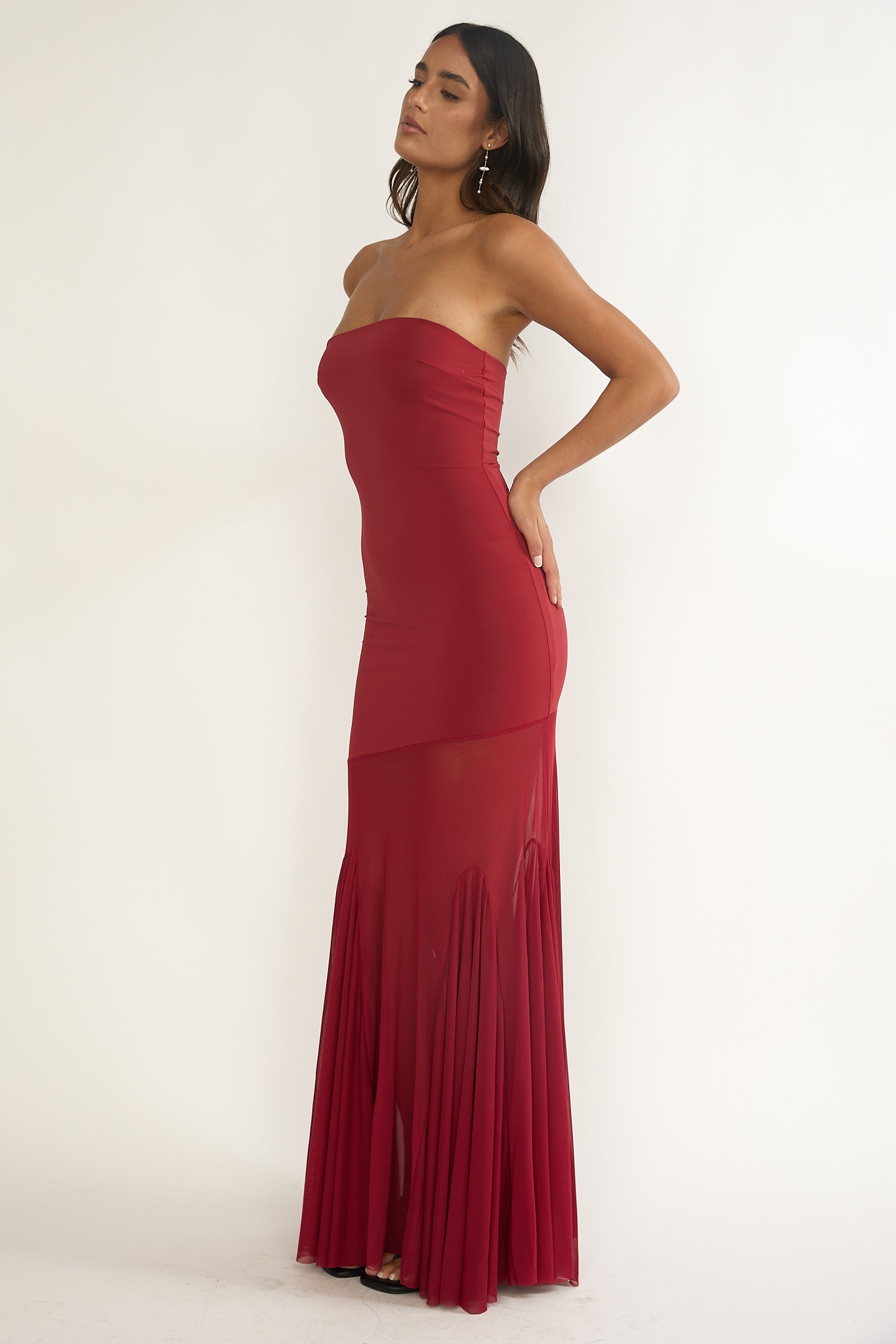 Velvet Rope Strapless Mesh Maxi Dress Wine by Selfie Leslie Australia