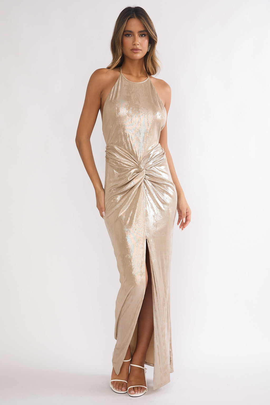 Delphinah Twist Waist Maxi Dress Champagne by Selfie Leslie Australia