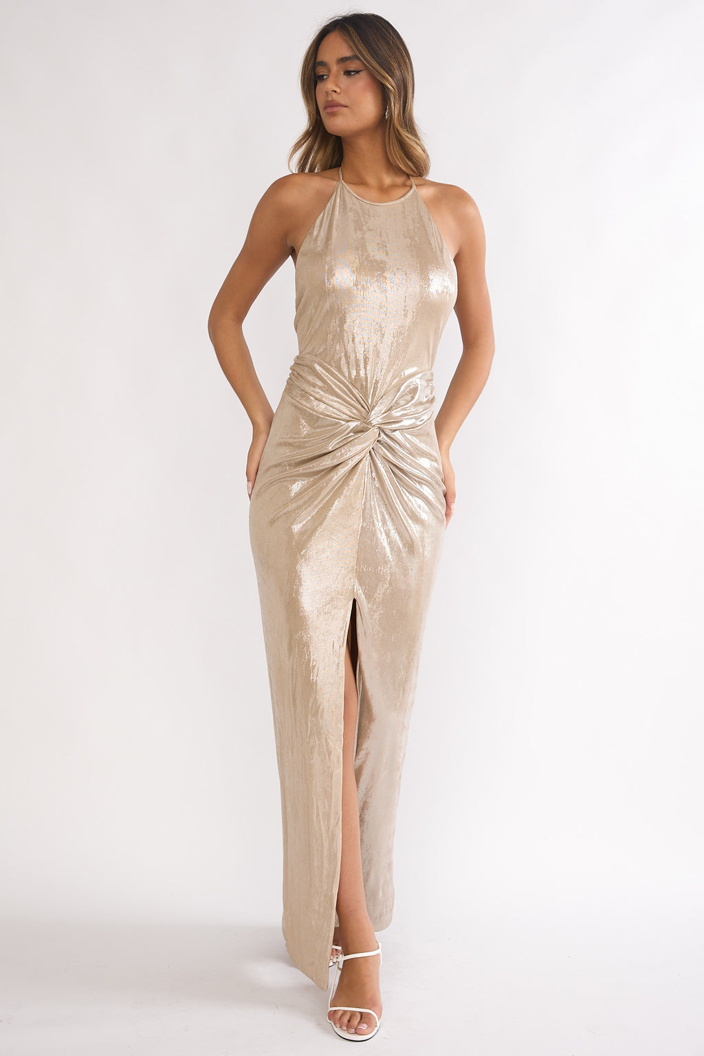 Delphinah Twist Waist Maxi Dress Champagne by Selfie Leslie Australia