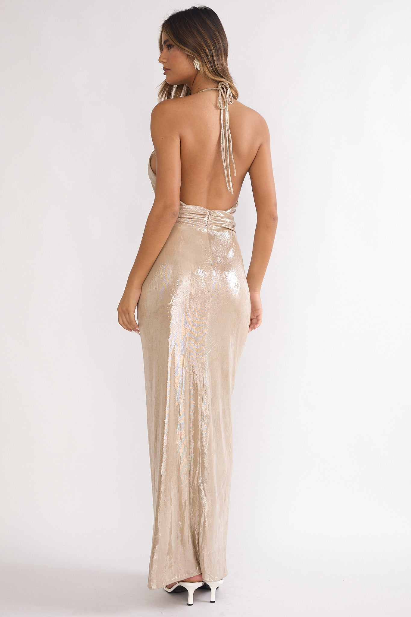 Delphinah Twist Waist Maxi Dress Champagne by Selfie Leslie Australia