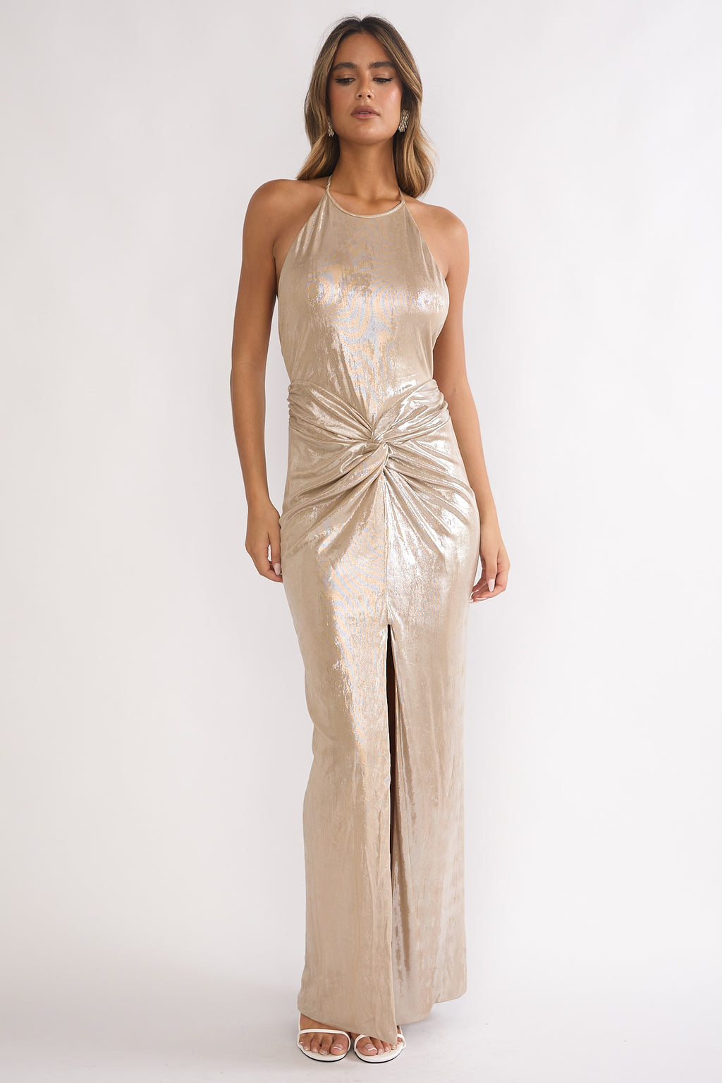Delphinah Twist Waist Maxi Dress Champagne by Selfie Leslie Australia