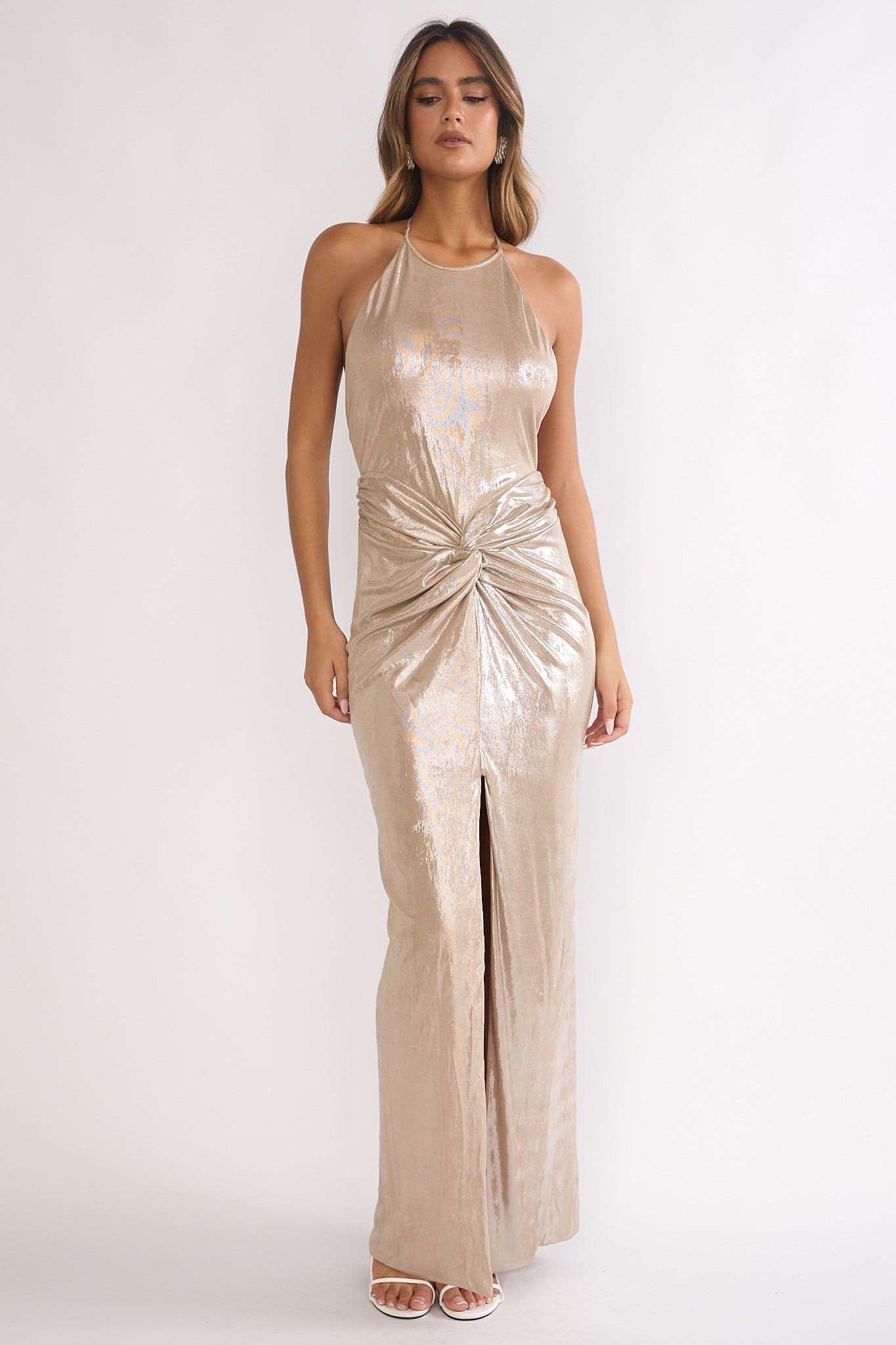 Delphinah Twist Waist Maxi Dress Champagne by Selfie Leslie Australia