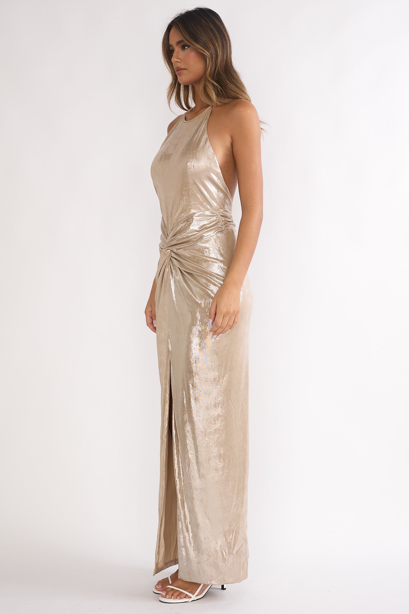 Delphinah Twist Waist Maxi Dress Champagne by Selfie Leslie Australia