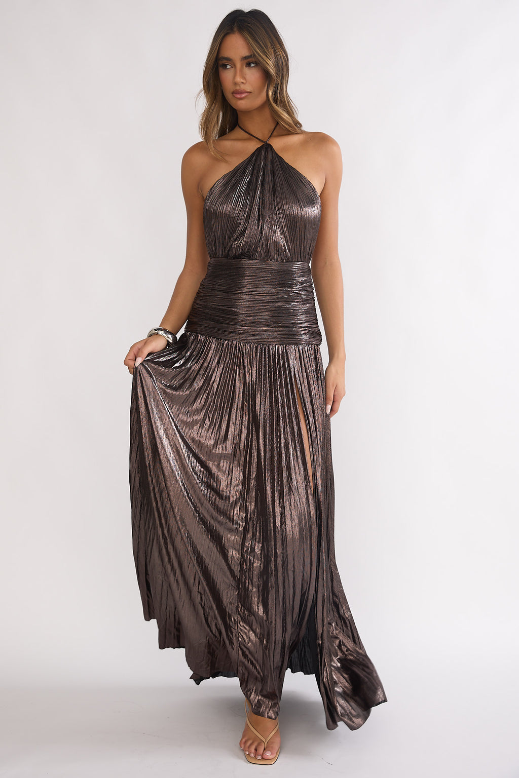 Ahmara Drop Waist Accordion Pleat Maxi Dress Gunmetal by Selfie Leslie Australia