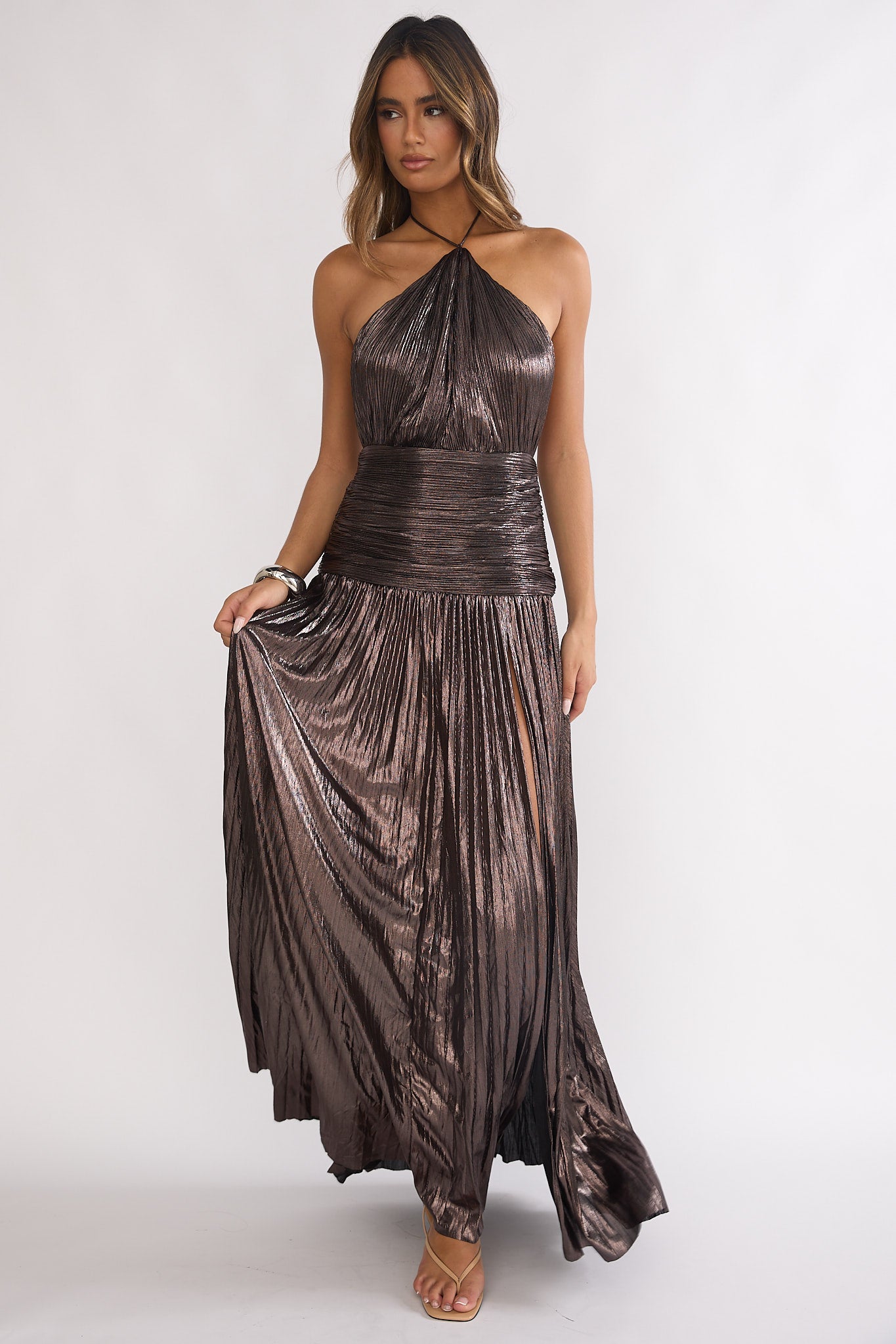 Ahmara Drop Waist Accordion Pleat Maxi Dress Gunmetal by Selfie Leslie Australia