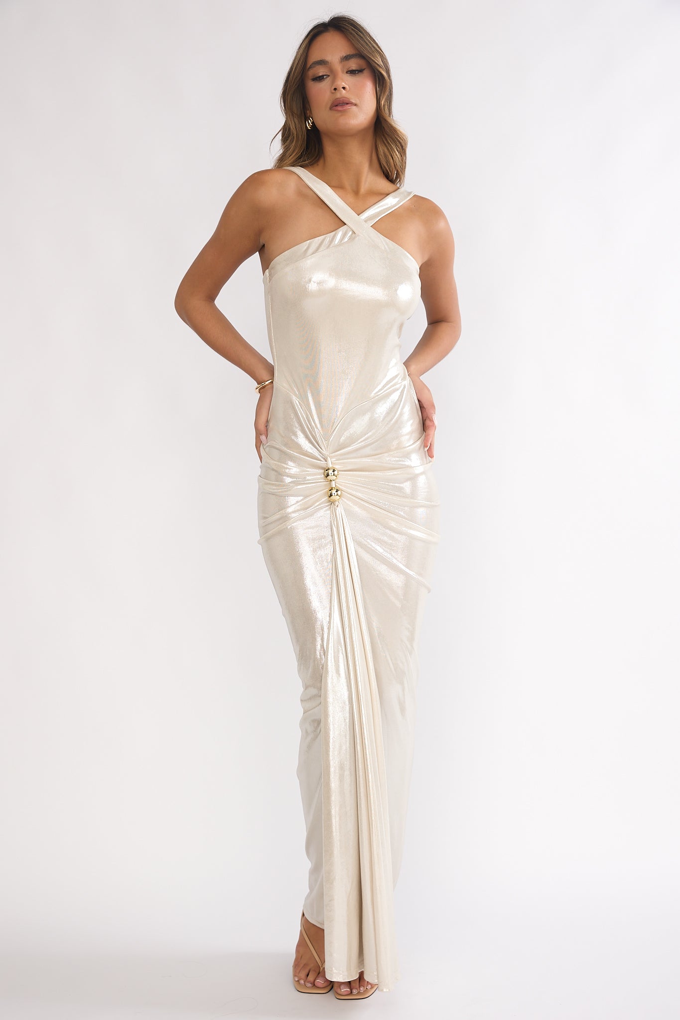 Delaina Ruched Waist Gold Accent Maxi Dress Pearl by Selfie Leslie Australia