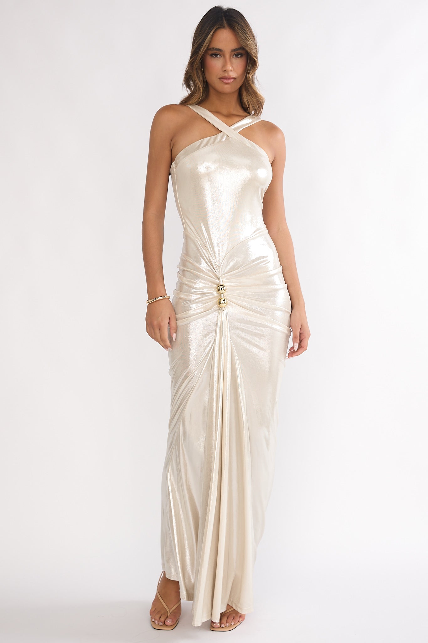 Delaina Ruched Waist Gold Accent Maxi Dress Pearl by Selfie Leslie Australia