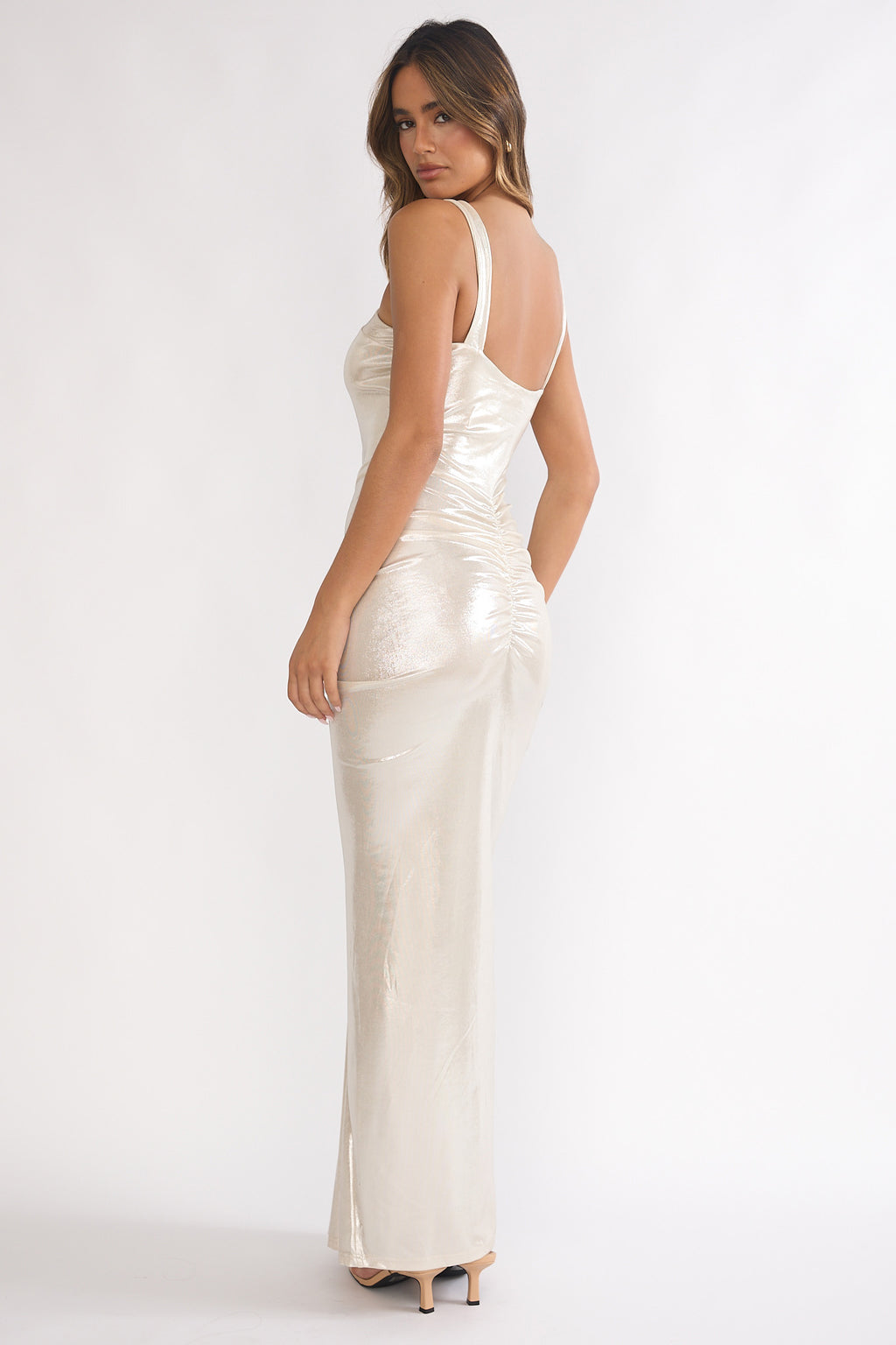 Delaina Ruched Waist Gold Accent Maxi Dress Pearl by Selfie Leslie Australia