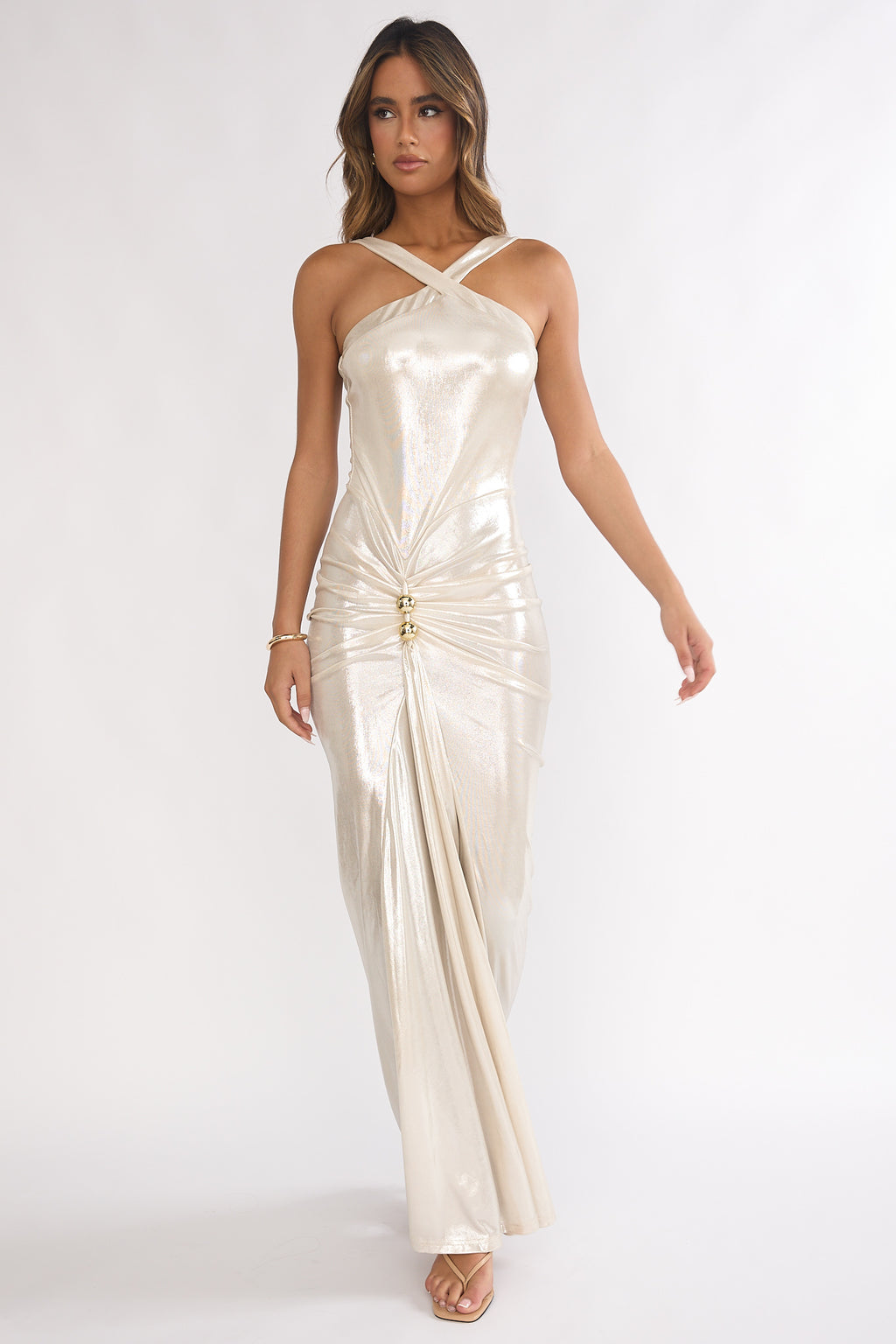 Delaina Ruched Waist Gold Accent Maxi Dress Pearl by Selfie Leslie Australia