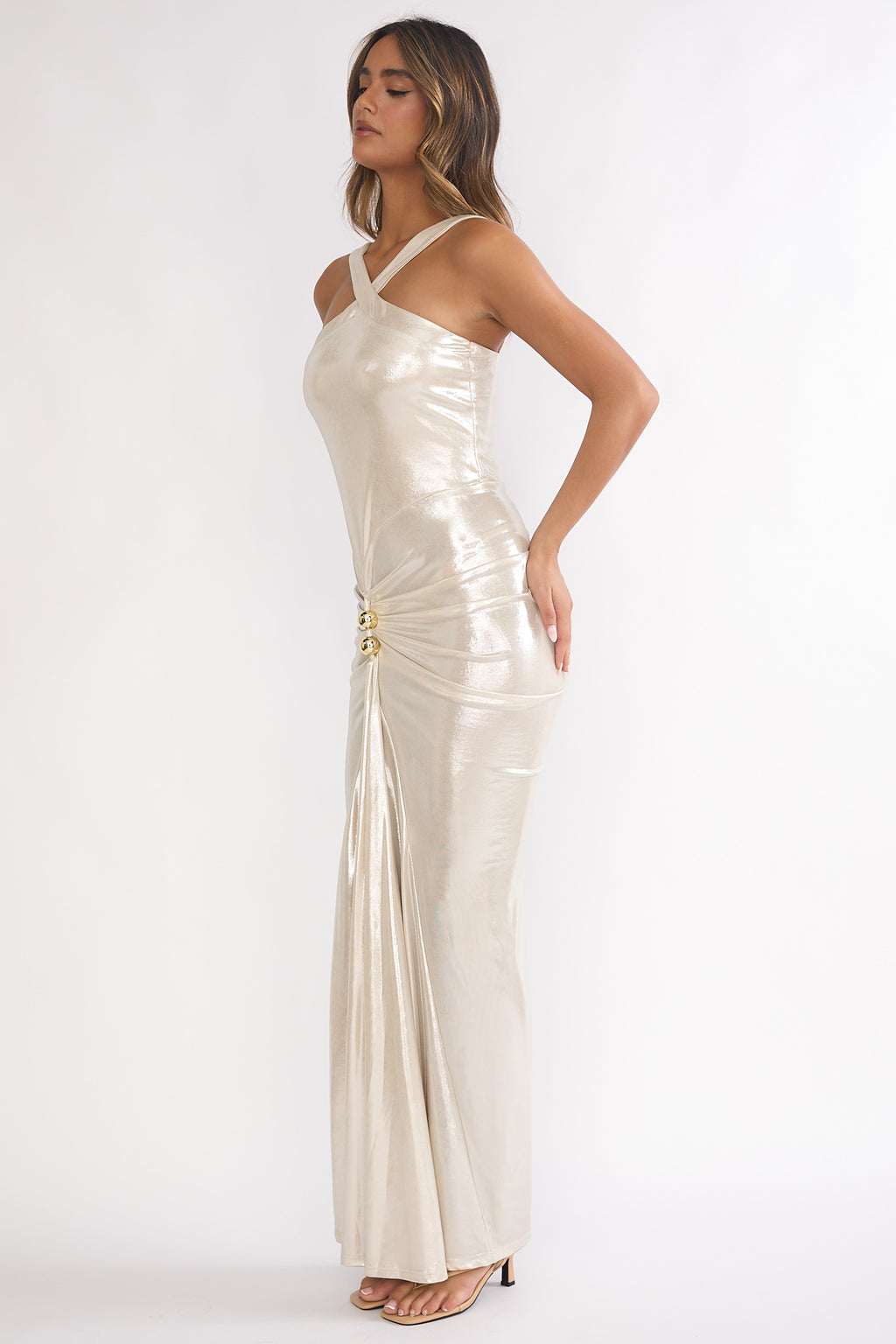 Delaina Ruched Waist Gold Accent Maxi Dress Pearl by Selfie Leslie Australia