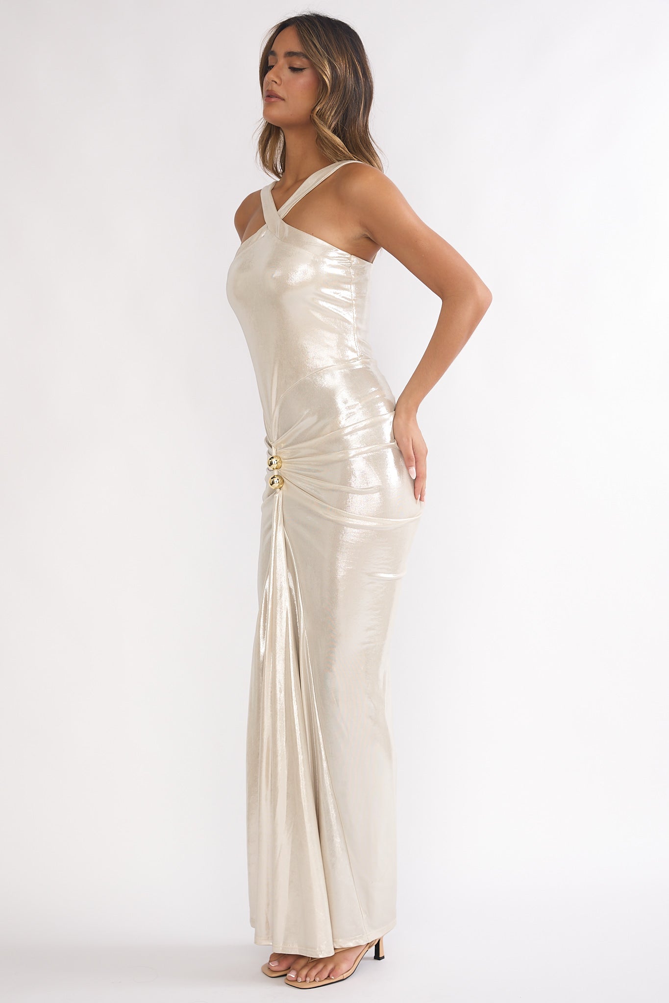 Delaina Ruched Waist Gold Accent Maxi Dress Pearl by Selfie Leslie Australia