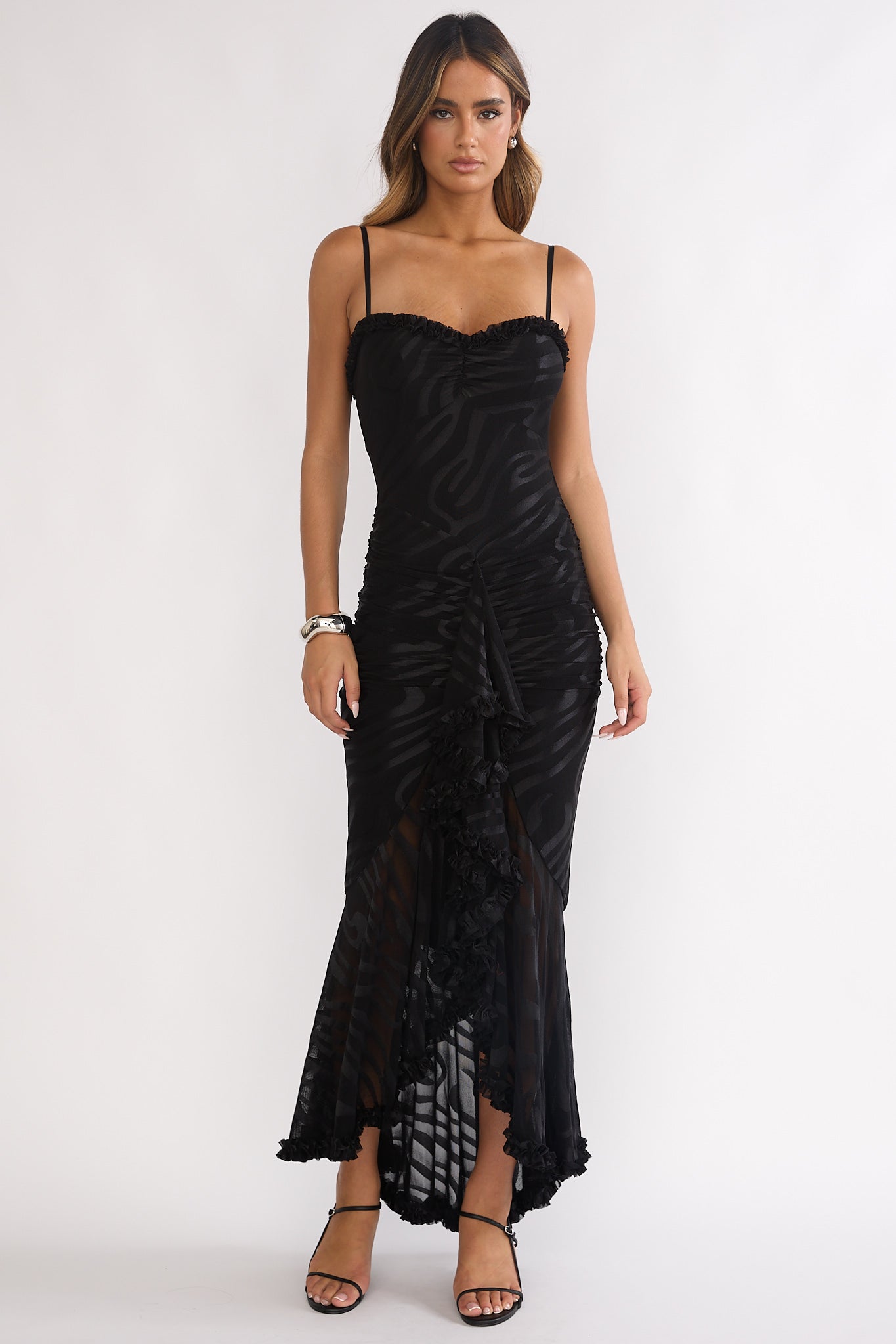 Everine Ruched Frill Trim Maxi Dress Black by Selfie Leslie Australia