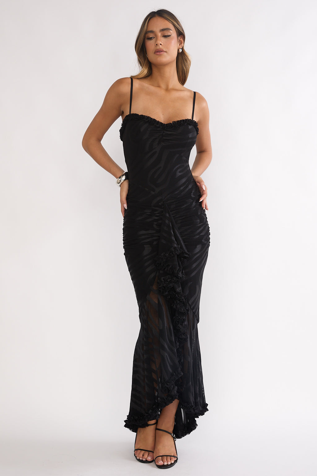 Everine Ruched Frill Trim Maxi Dress Black by Selfie Leslie Australia