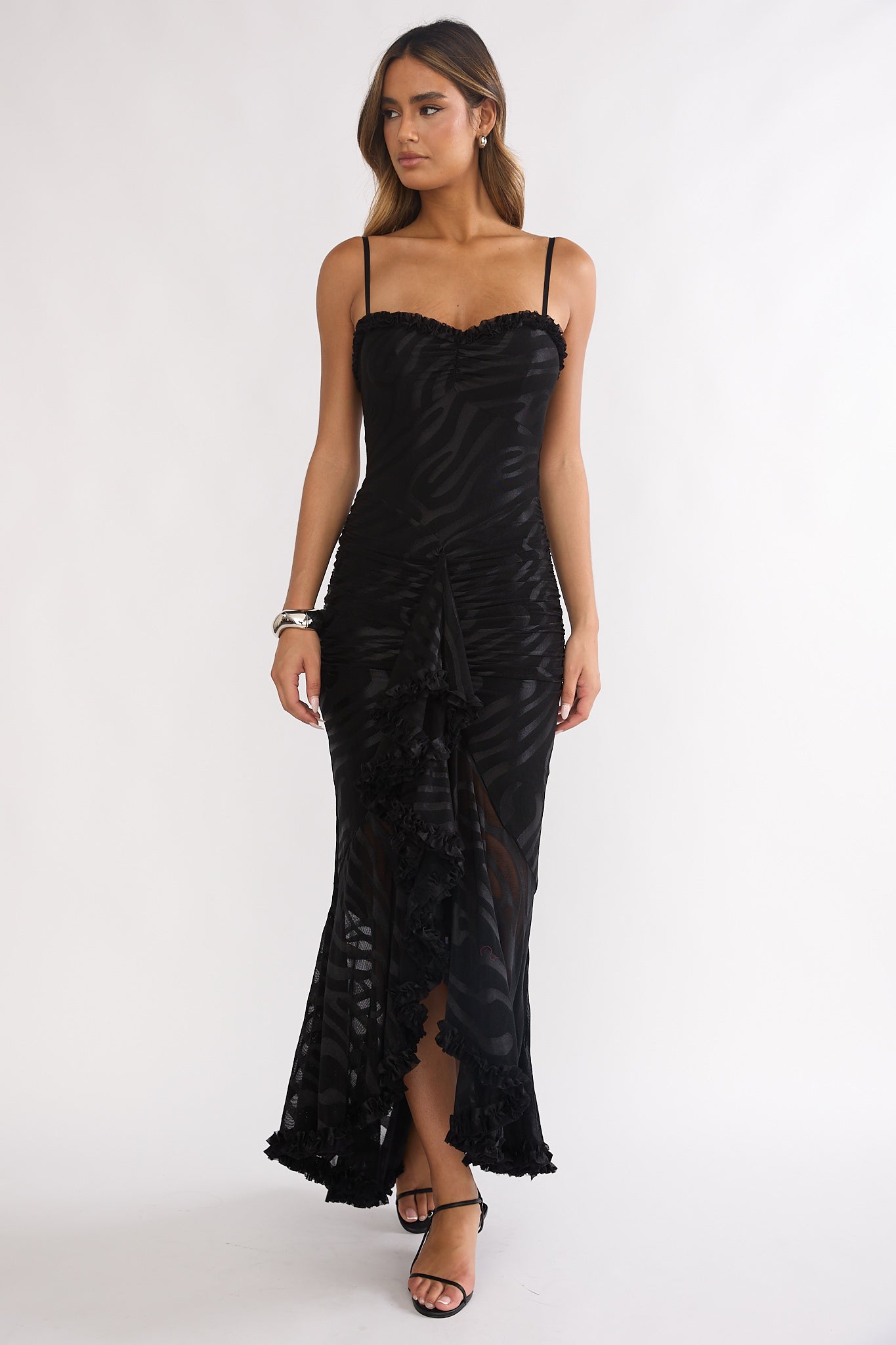 Everine Ruched Frill Trim Maxi Dress Black by Selfie Leslie Australia