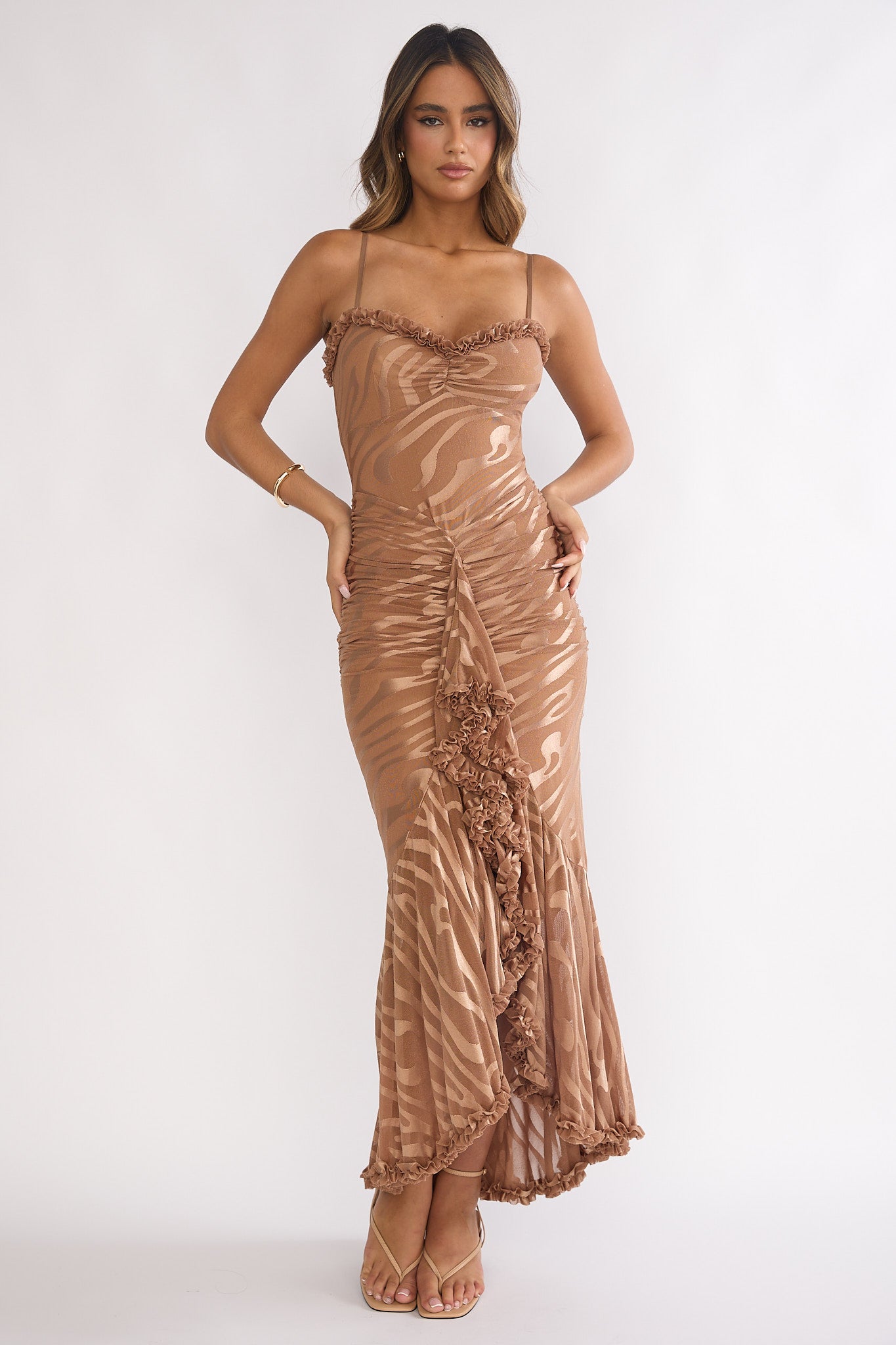 Everine Ruched Frill Trim Maxi Dress Mocha by Selfie Leslie Australia