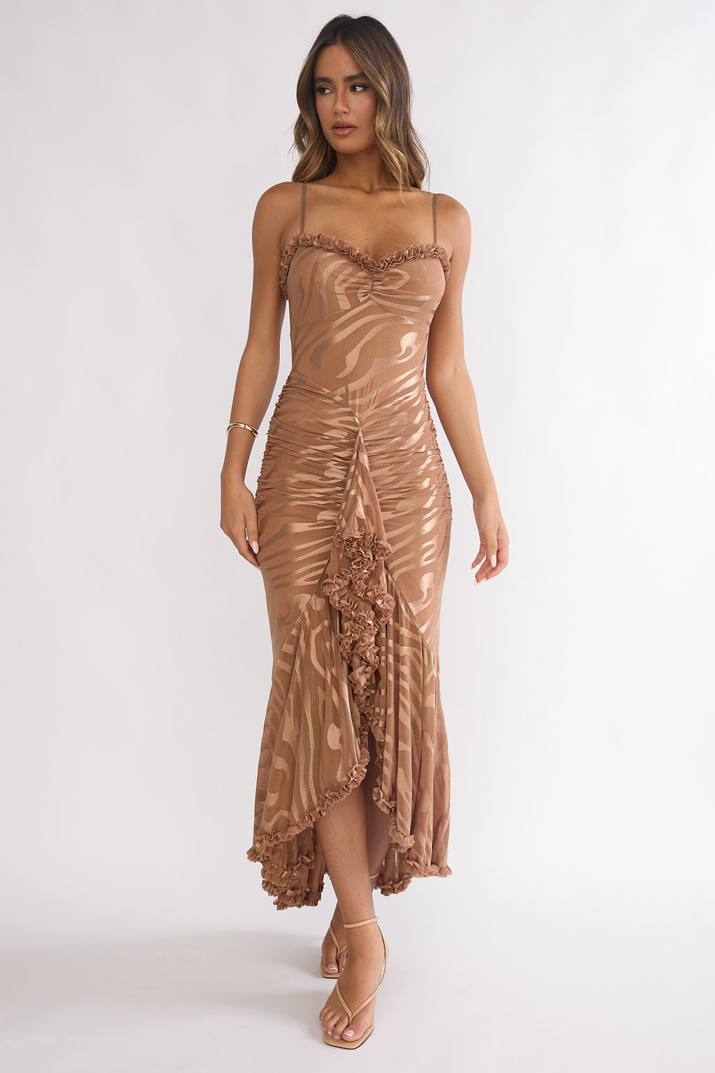 Everine Ruched Frill Trim Maxi Dress Mocha by Selfie Leslie Australia